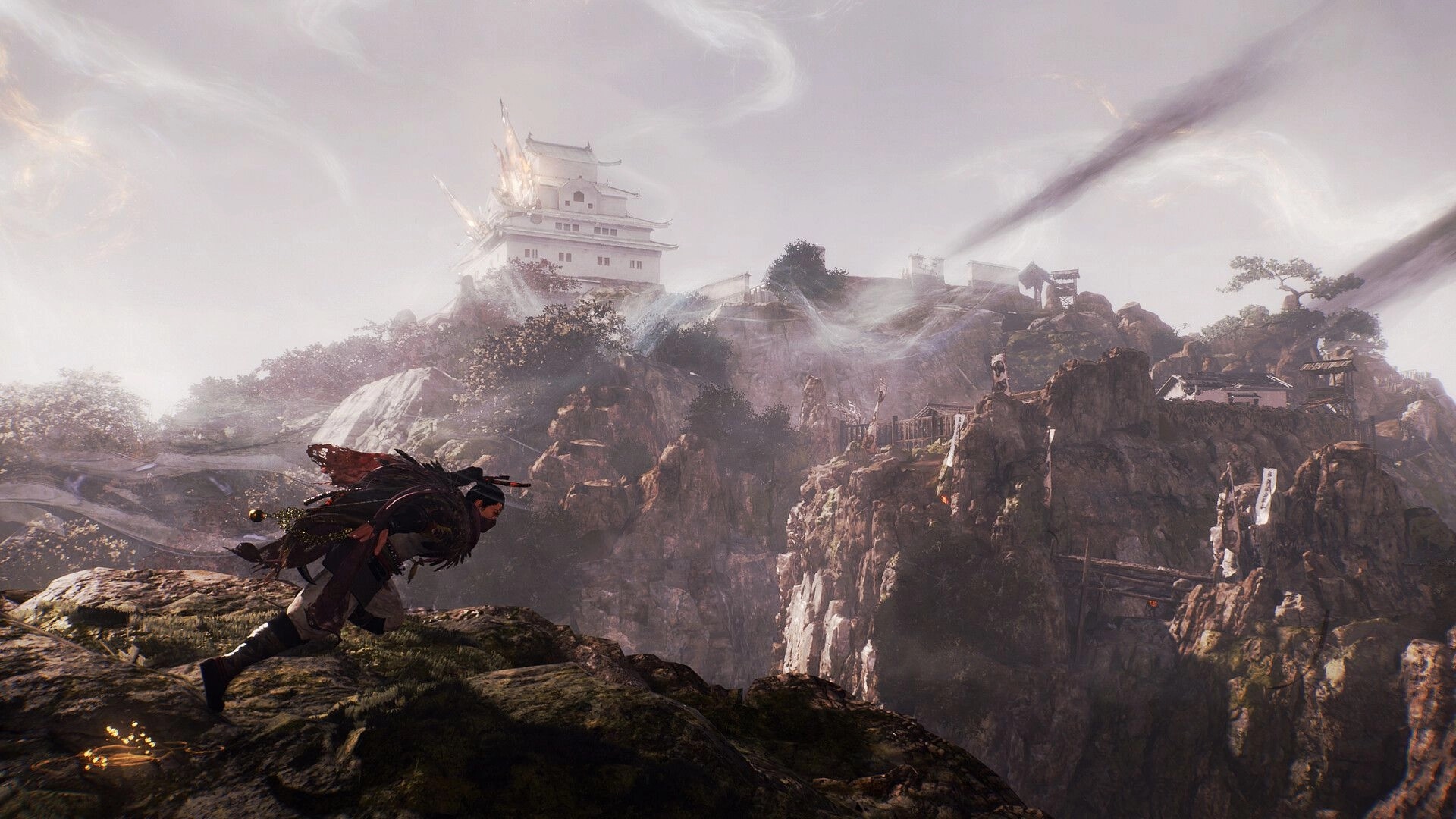 Nioh 3: Samurai running through mountainous terrain with a distant castle visible on the horizon.
