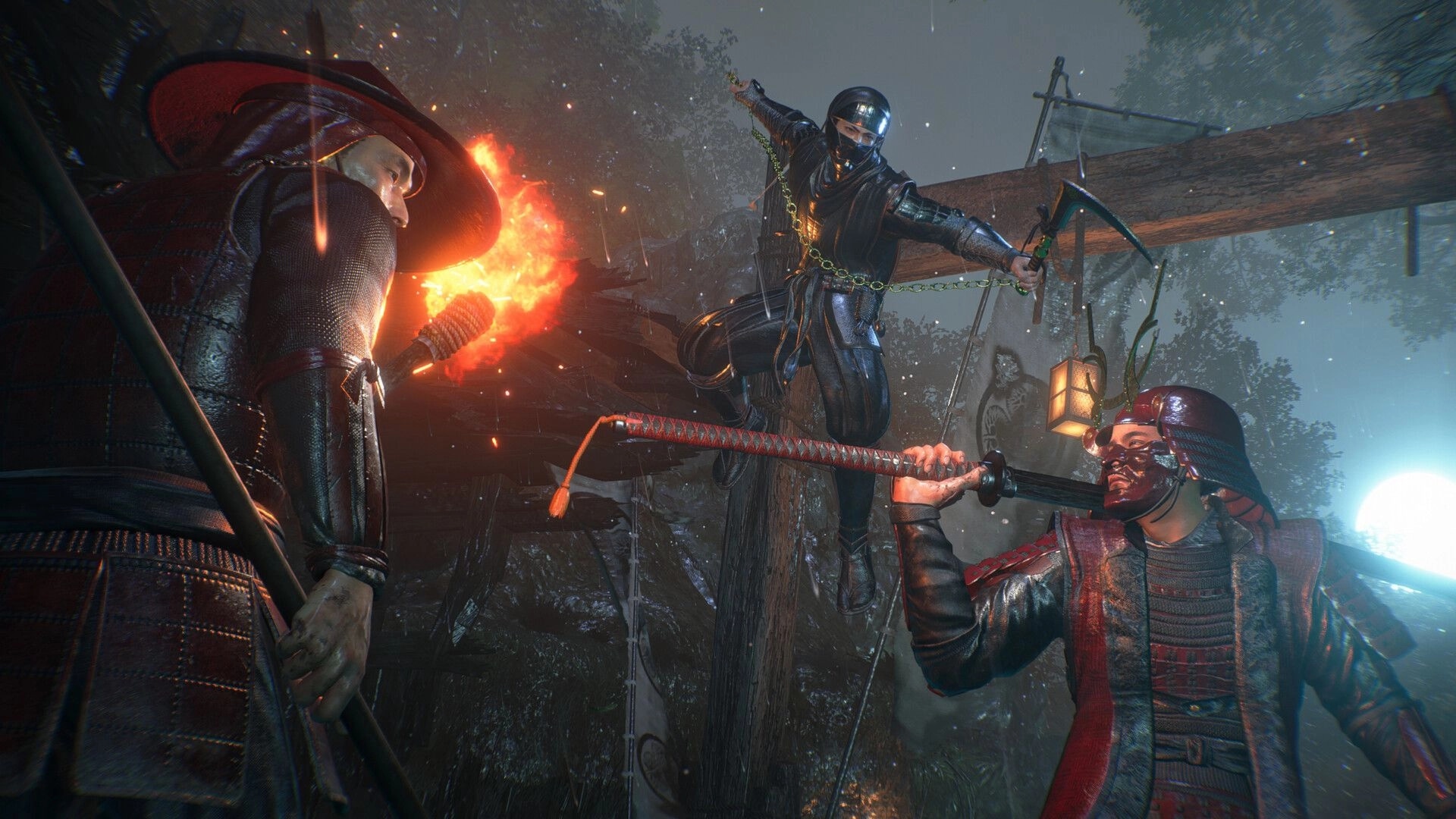 Nioh 3: Ninja attacks samurai from above in a dark forest setting with torches and moonlight.