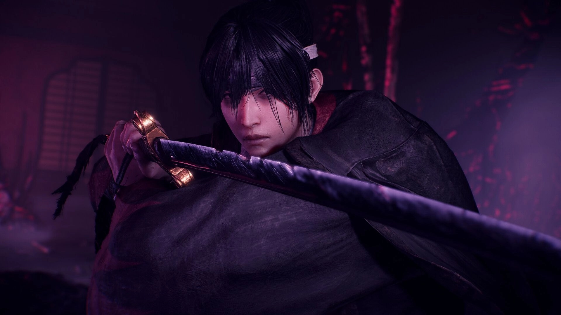 Nioh 3: Samurai warrior gripping katana in a dark, ominous environment with purple lighting effects.