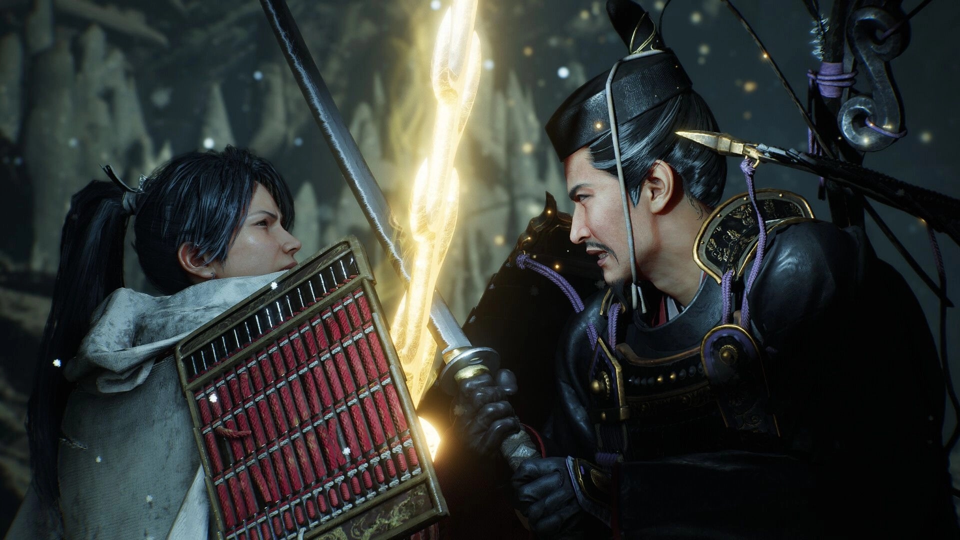 Nioh 3: Intense sword clash between two warriors in a snowy cave setting.