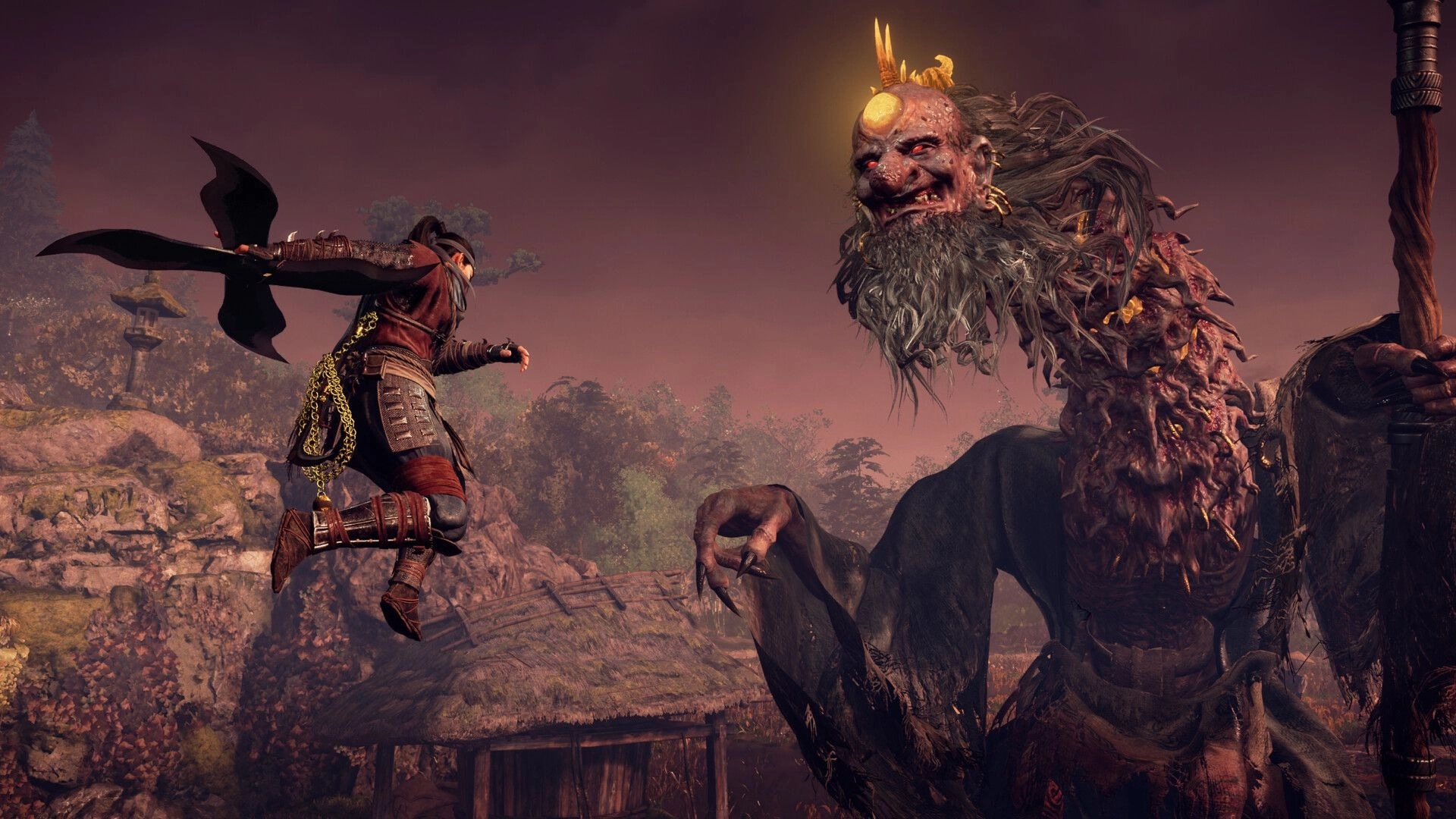 Nioh 3: Samurai leaps to attack massive yokai in a rural village setting with overcast skies.
