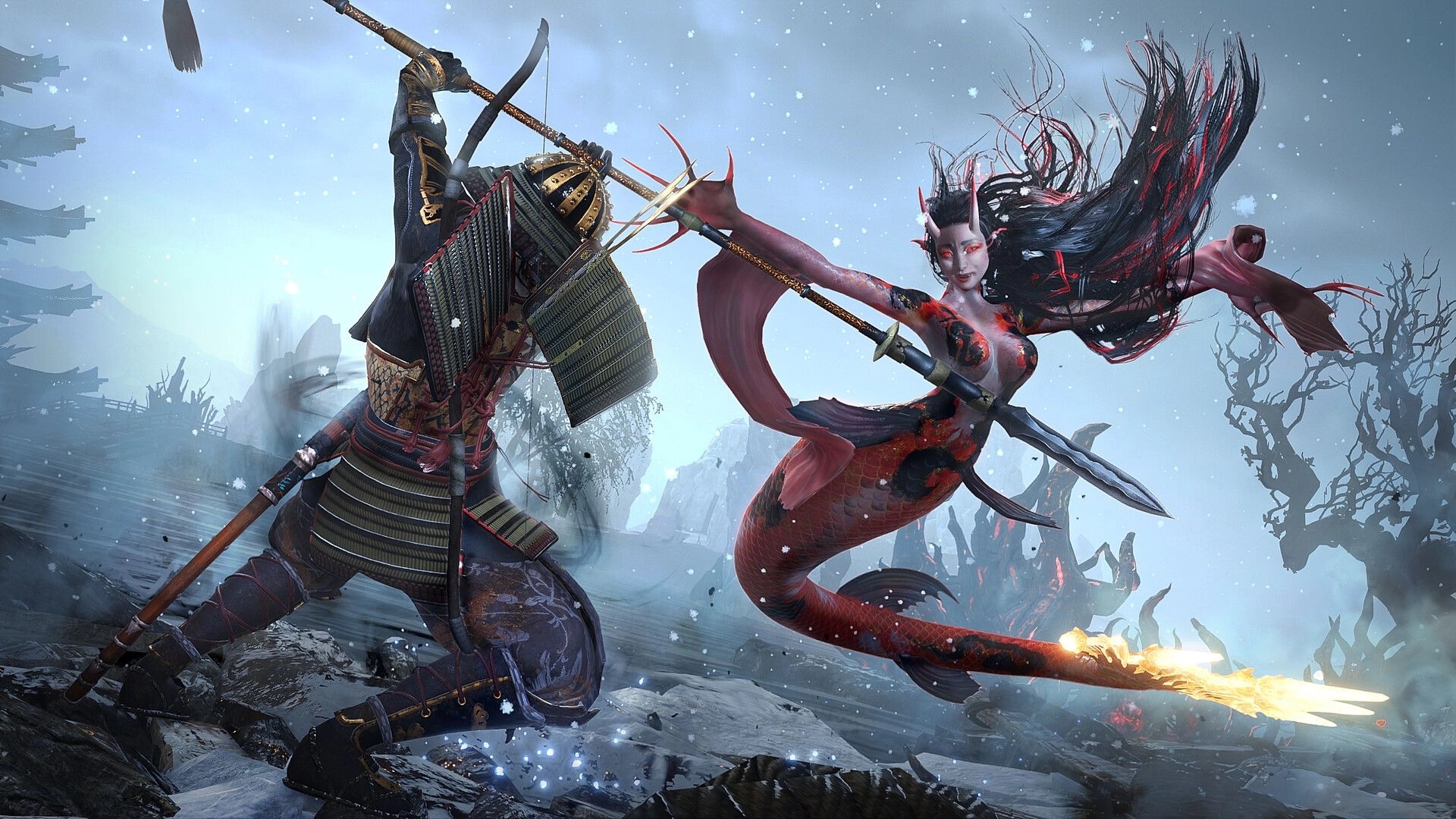 Nioh 3: Samurai battles a demonic yokai with a spear in a snowy, desolate landscape.