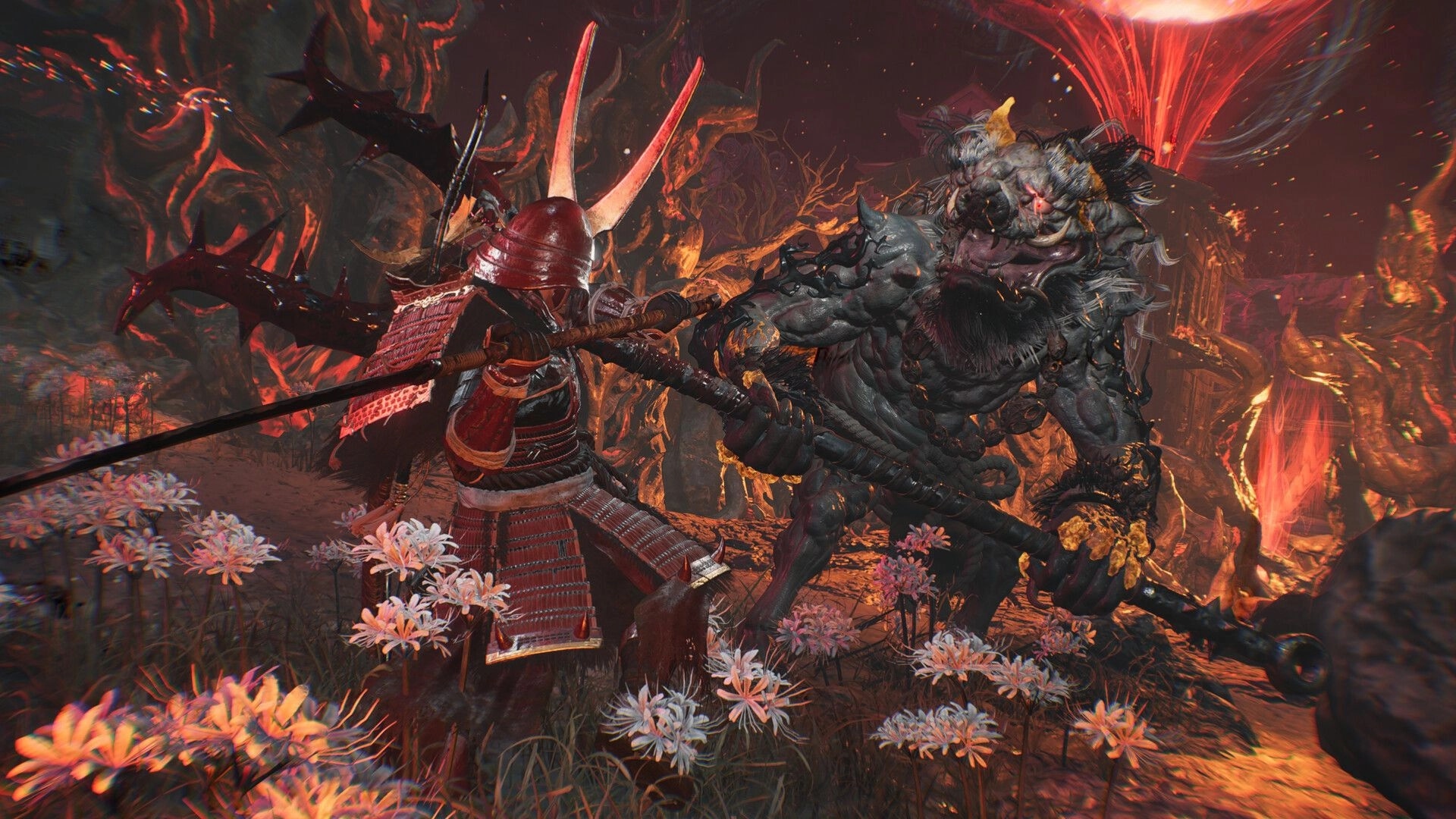 Nioh 3: Samurai battles yokai in a fiery, demonic landscape with glowing flowers and molten lava.