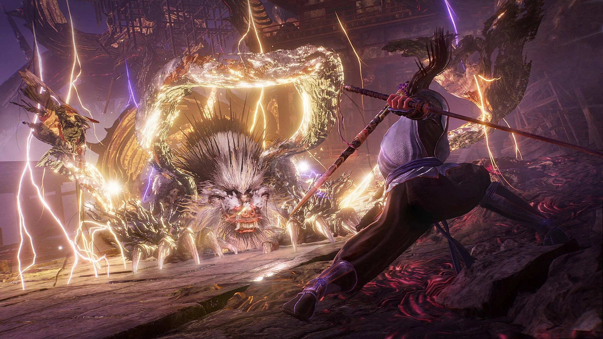 Nioh 3: Intense combat with a fierce yokai amidst a stormy temple ruins environment