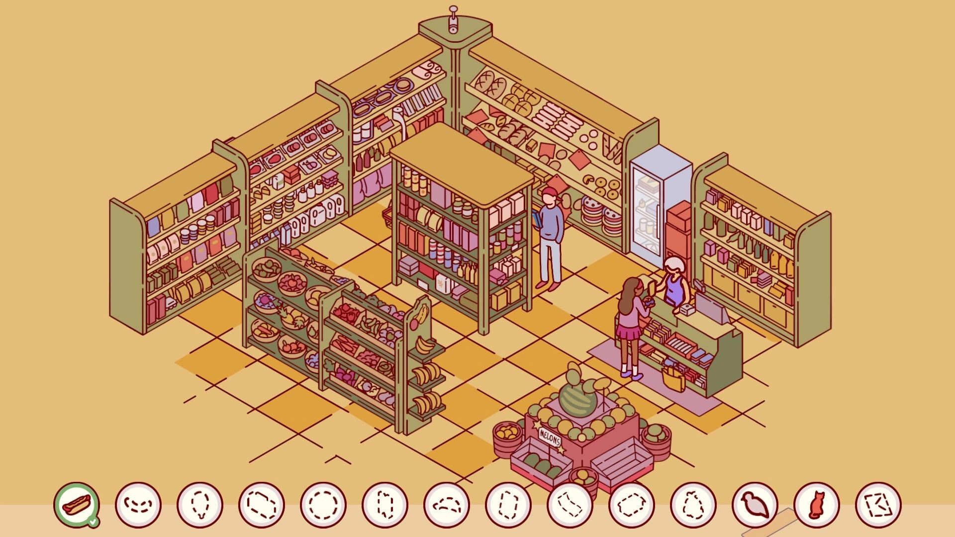 Nippets: Shopping in a cozy grocery store with characters browsing shelves and a visible hotdog icon menu