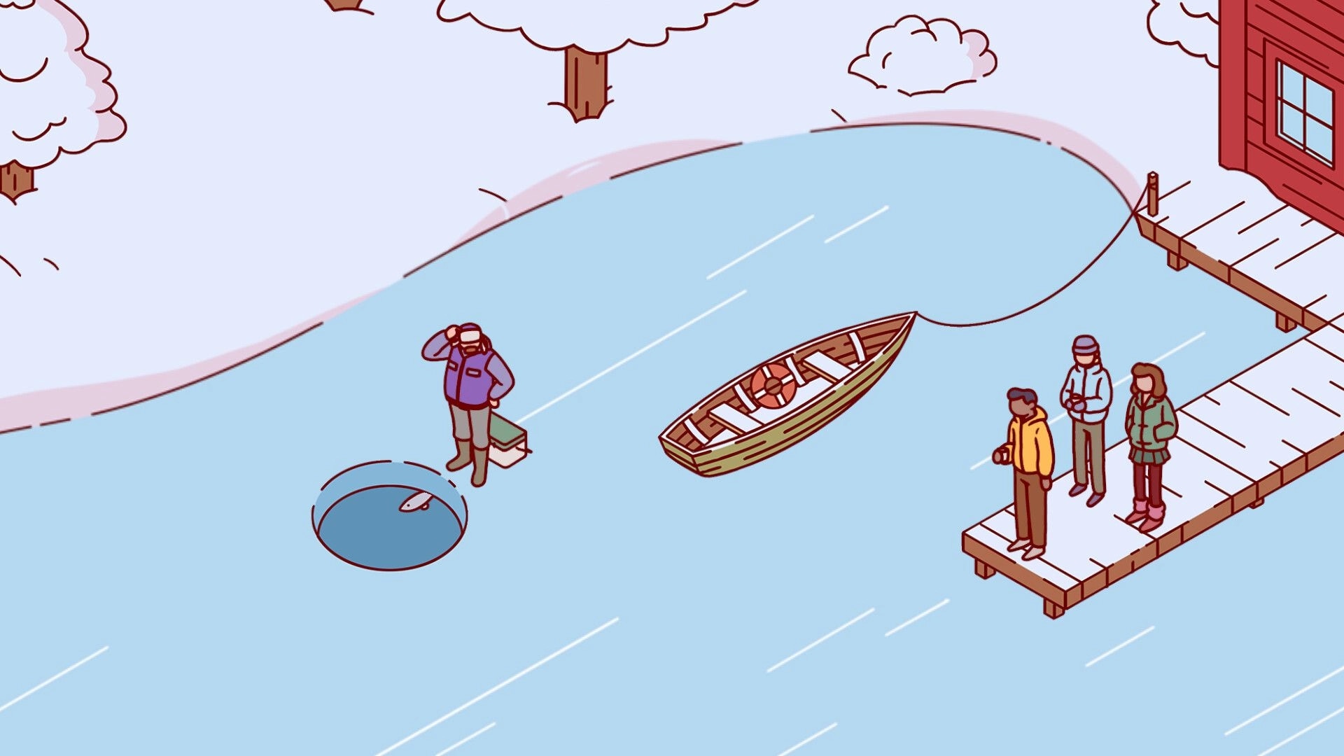 Nippets: Three people on a snowy dock observe a boat and an ice fisher on a frozen lake