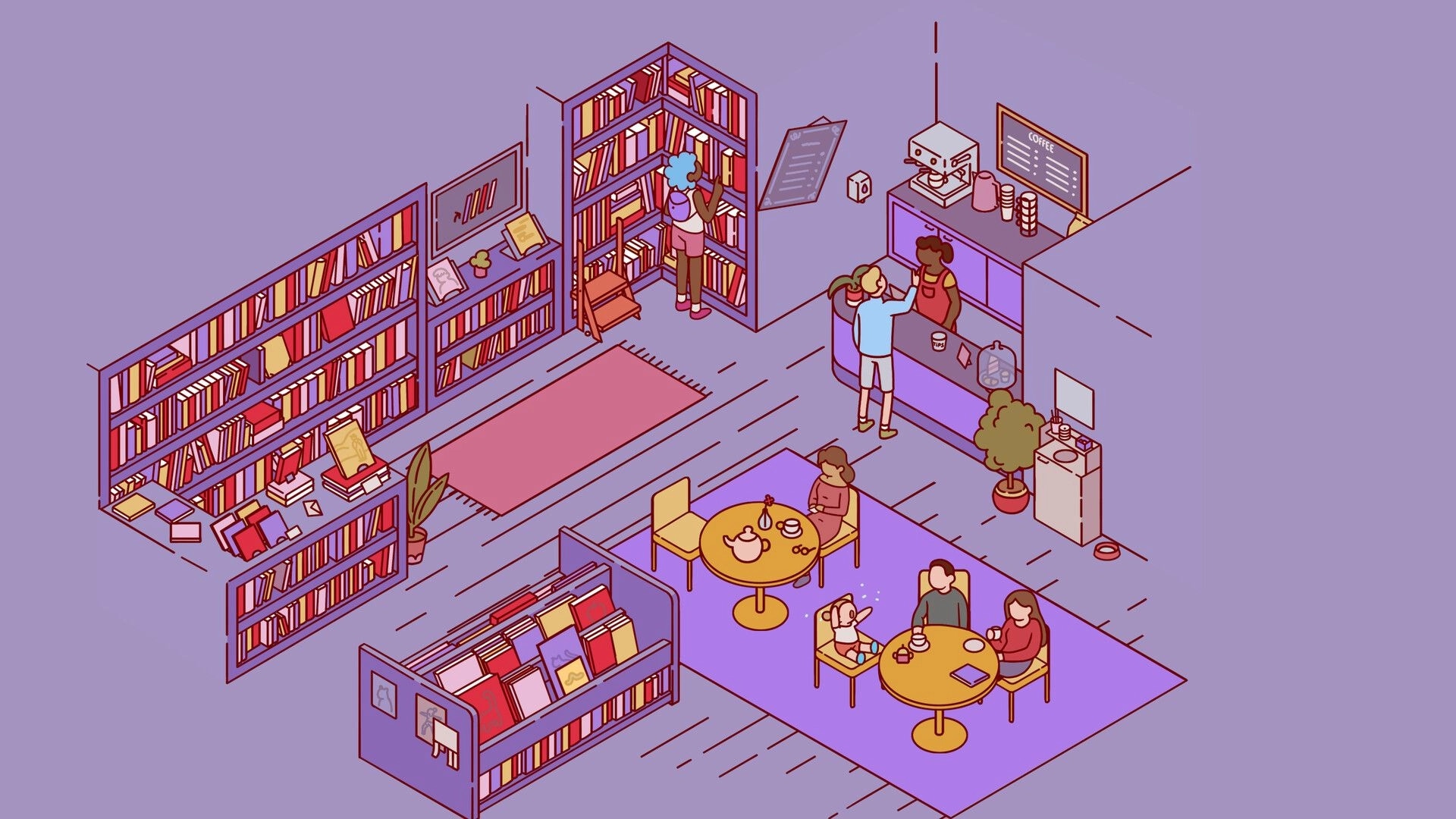 Nippets: Library cafe with patrons at tables, a barista serving coffee, and bookshelves filled with books