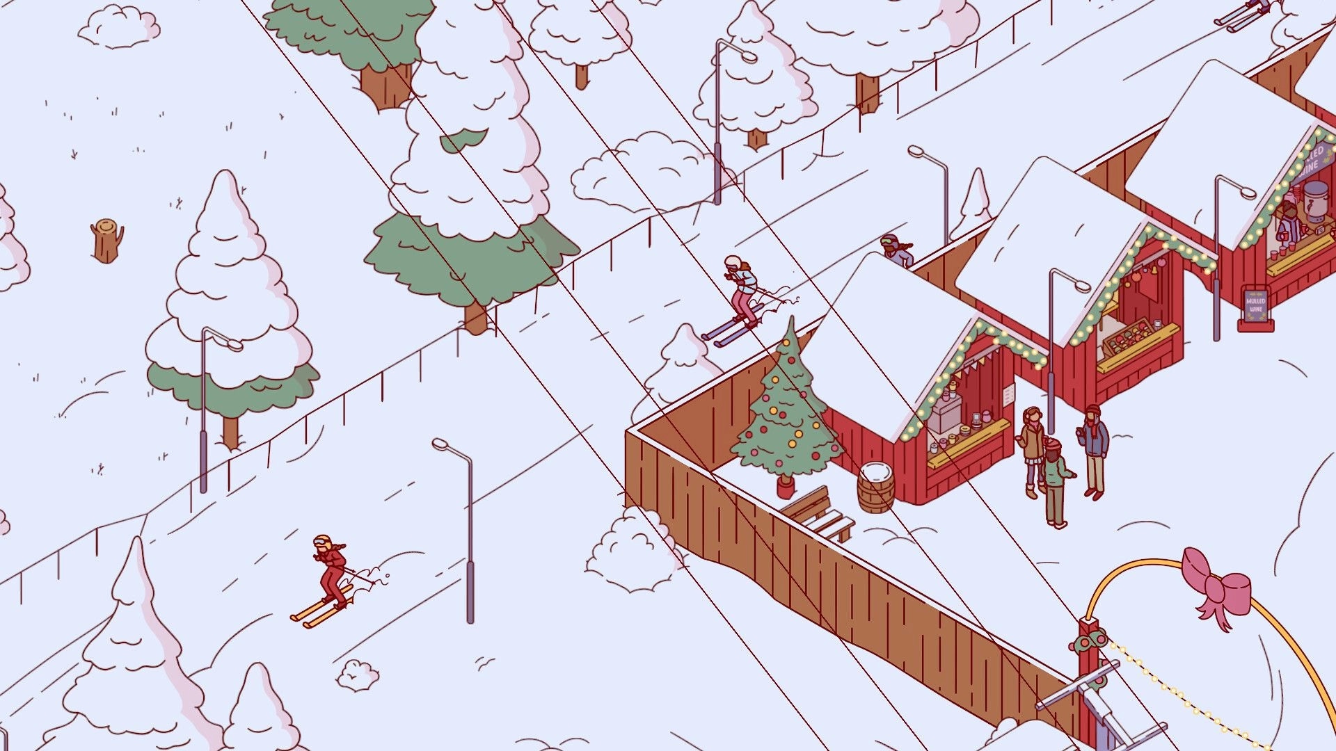 Nippets: Skiers on snowy slope beside festive market stalls with holiday lights and people chatting