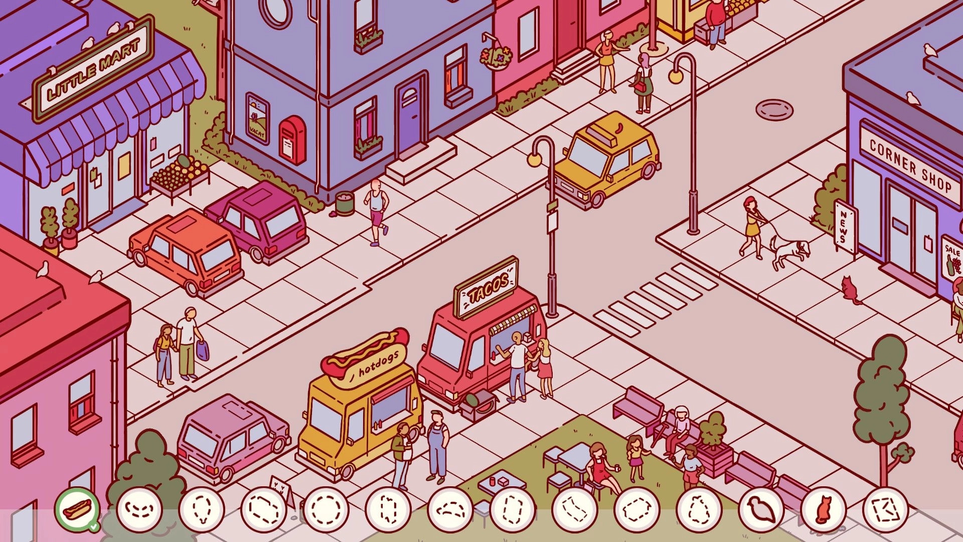 Nippets: Busy town street with people at taco and hotdog trucks, featuring interactive object icons below.