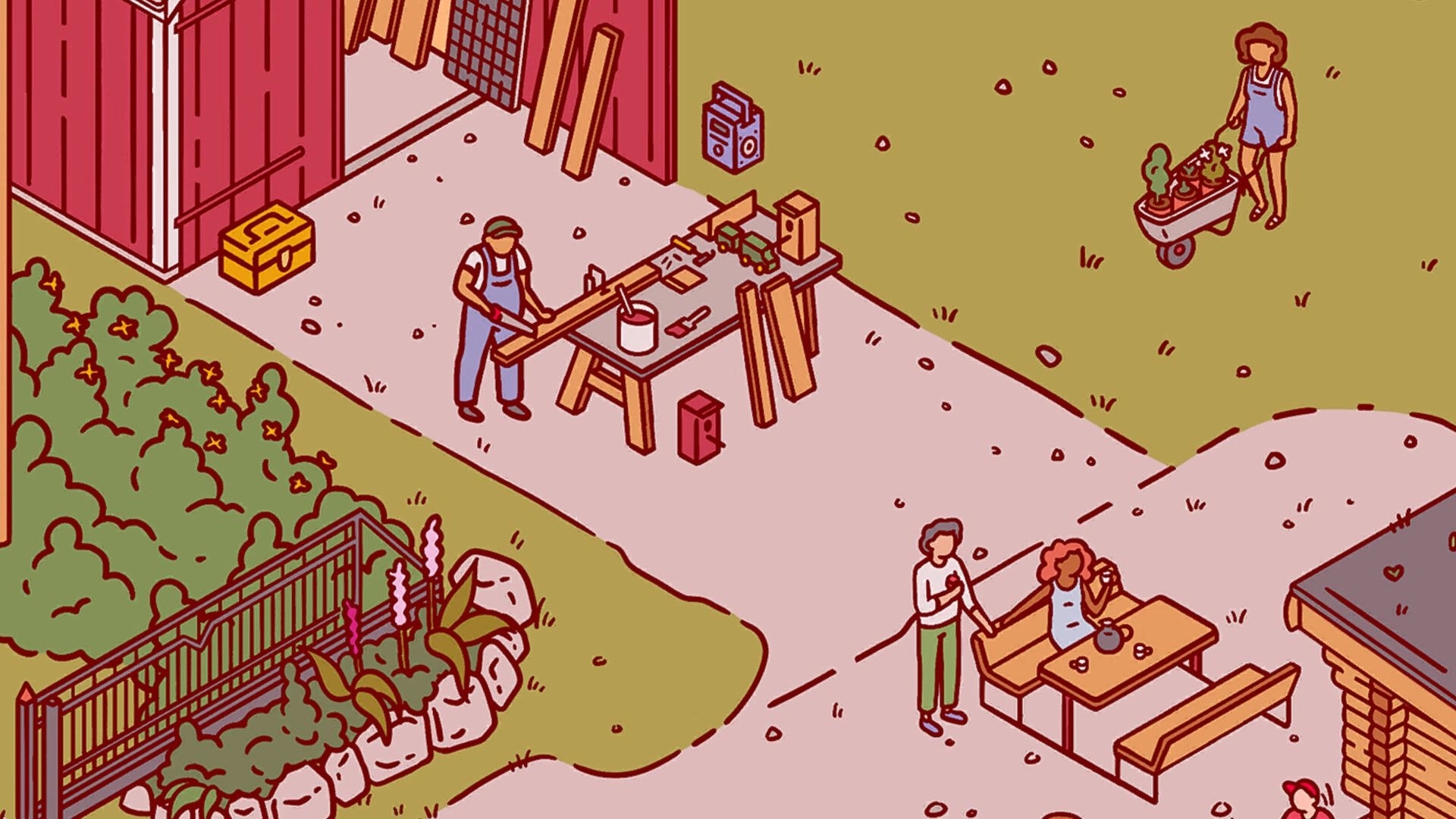 Nippets: Carpenter working in a workshop, person with wheelbarrow, and friends chatting at picnic table