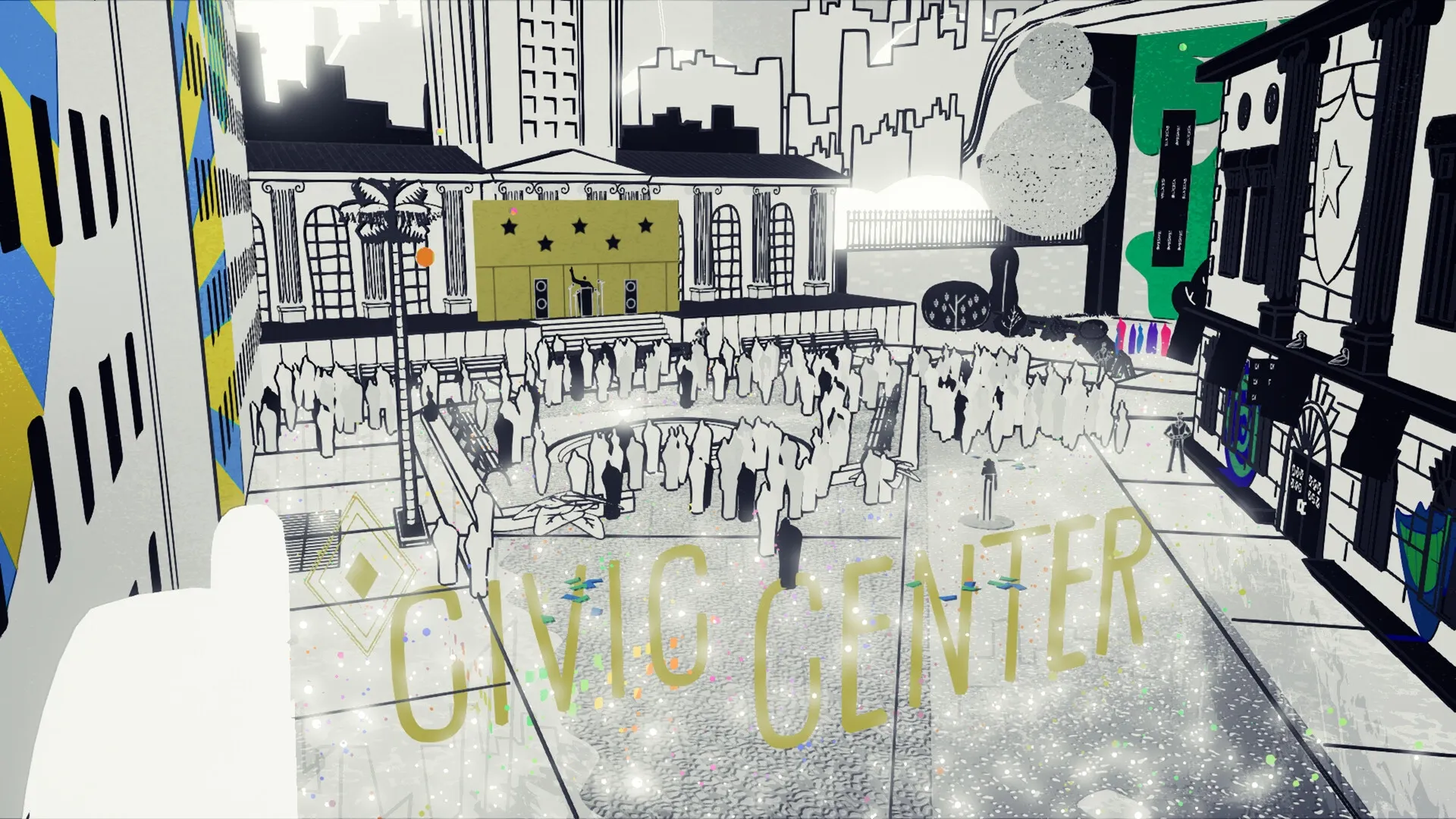Nirvana Noir: Crowd gathering at Civic Center under cosmic sky in monochrome cityscape