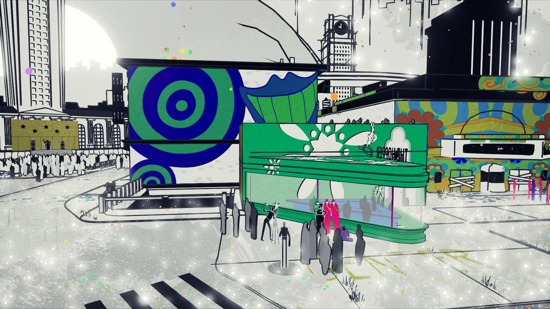 Nirvana Noir: Crowded futuristic city street with colorful buildings and cosmic ambiance