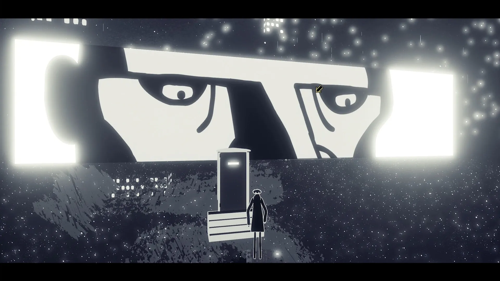 Nirvana Noir: Mysterious figure near cosmic portal under giant, watchful eyes in starry void.