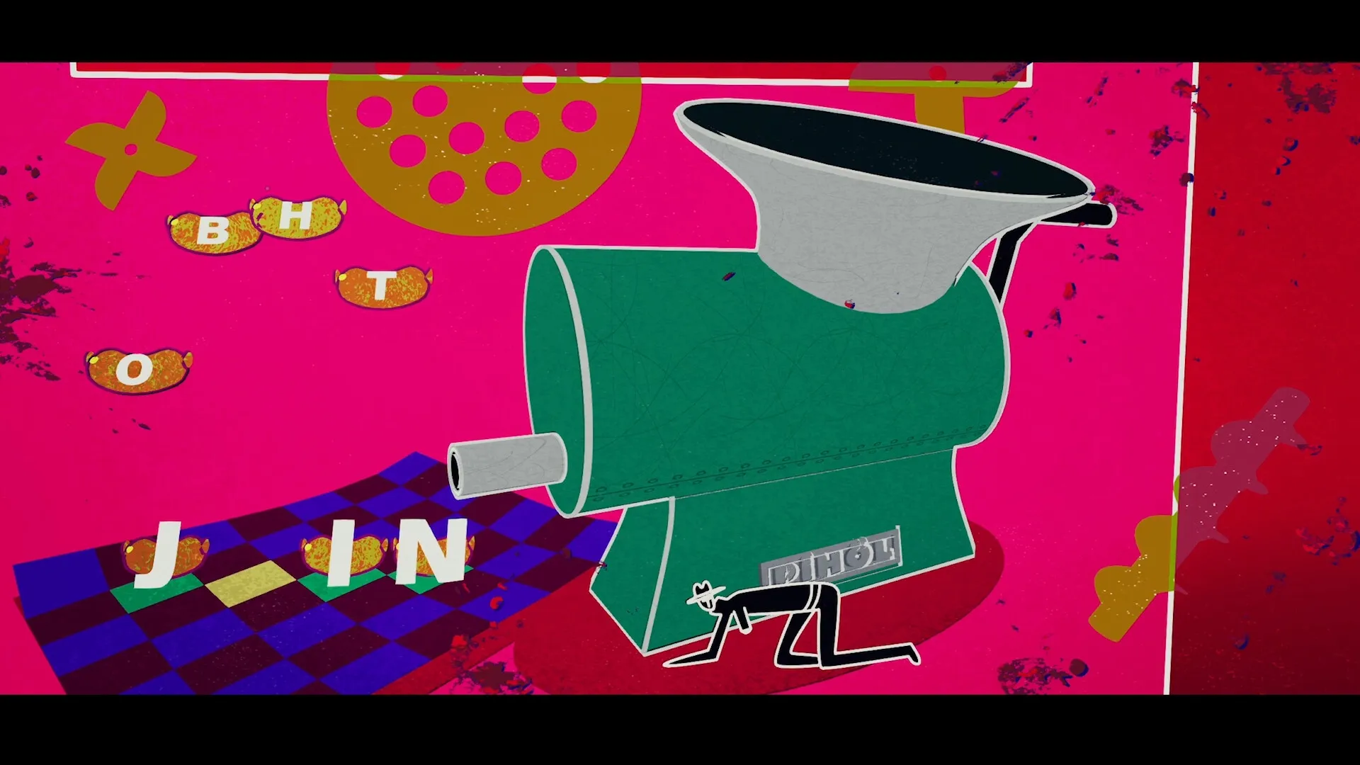 Nirvana Noir: Character kneels by a large green machine on a vibrant pink and checkered floor background.