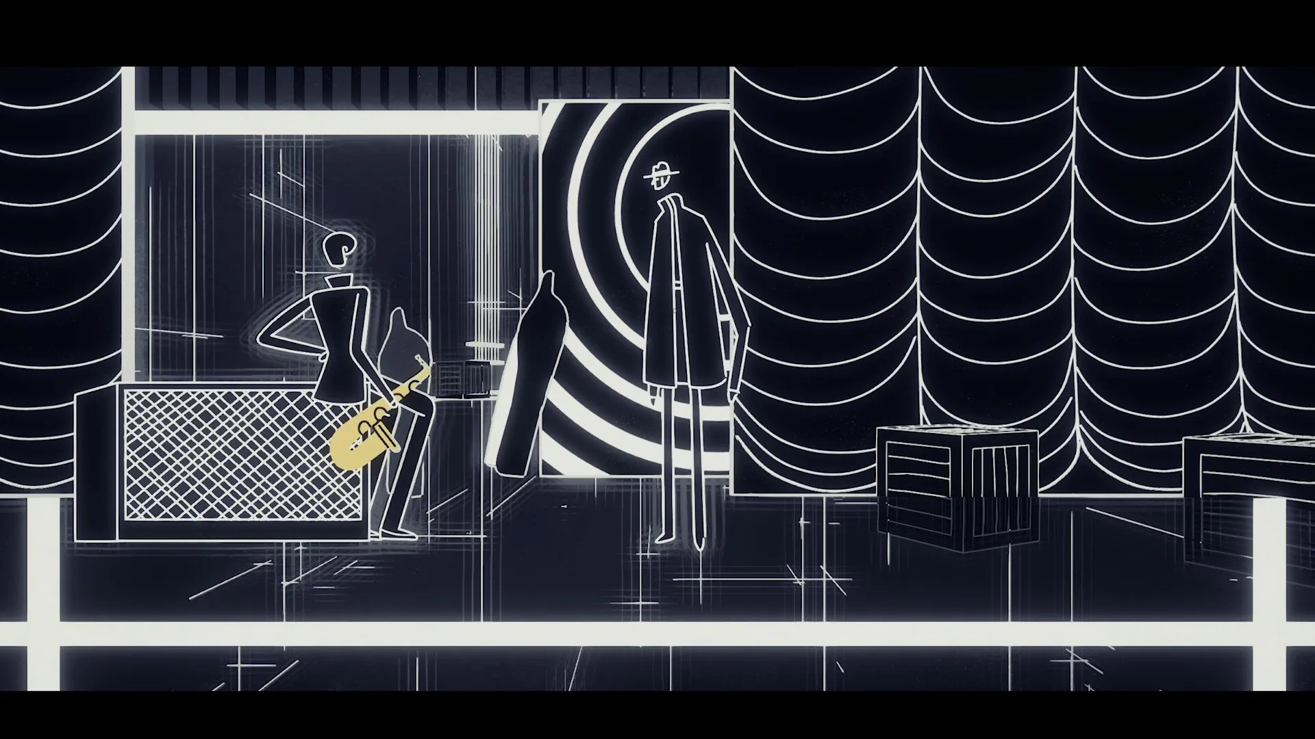 Nirvana Noir: Tall figure and musician with saxophone in a cosmic, abstract bar setting