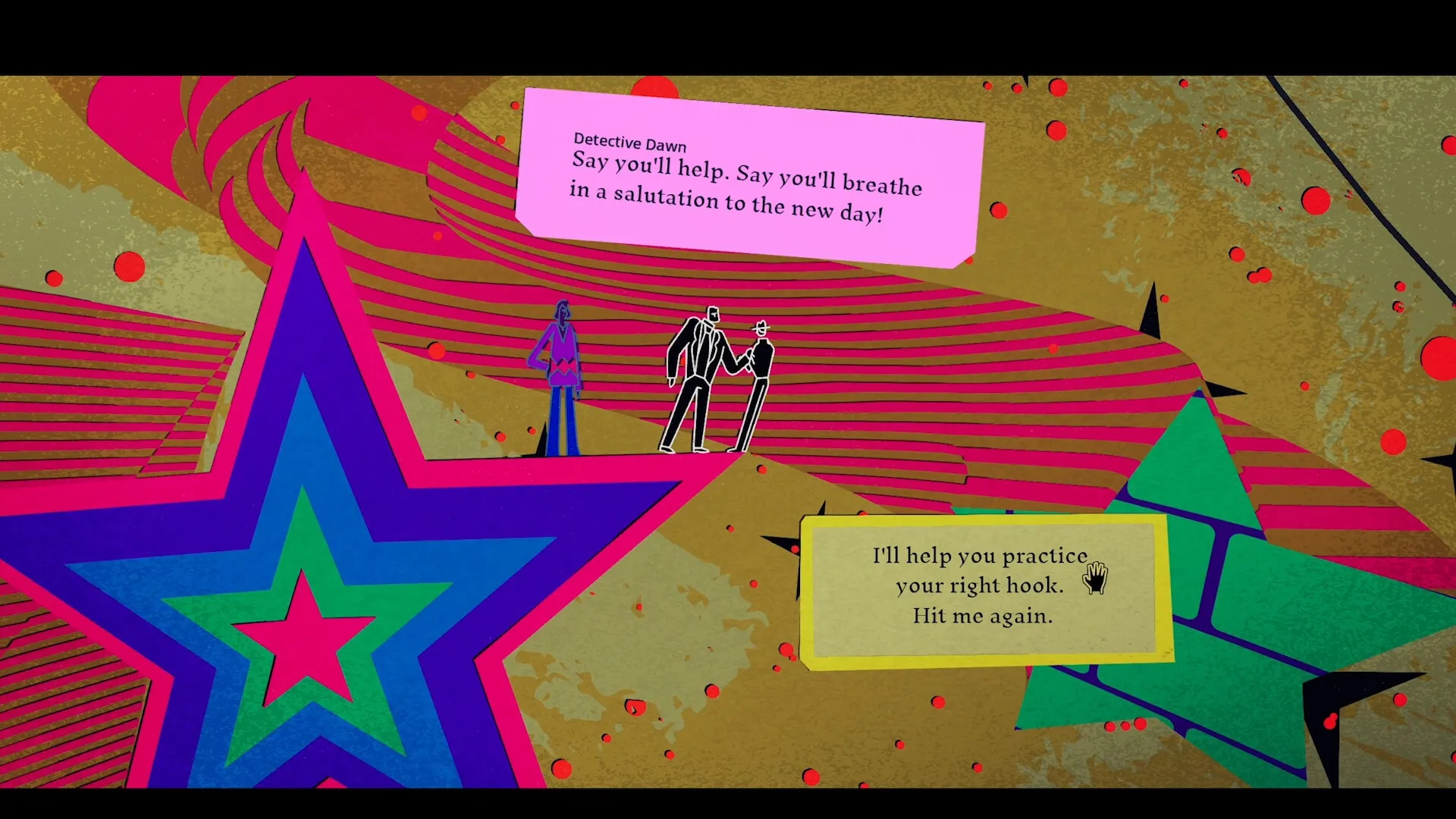 Nirvana Noir: Detective Dawn dialogue with cosmic backdrop and interaction options visible