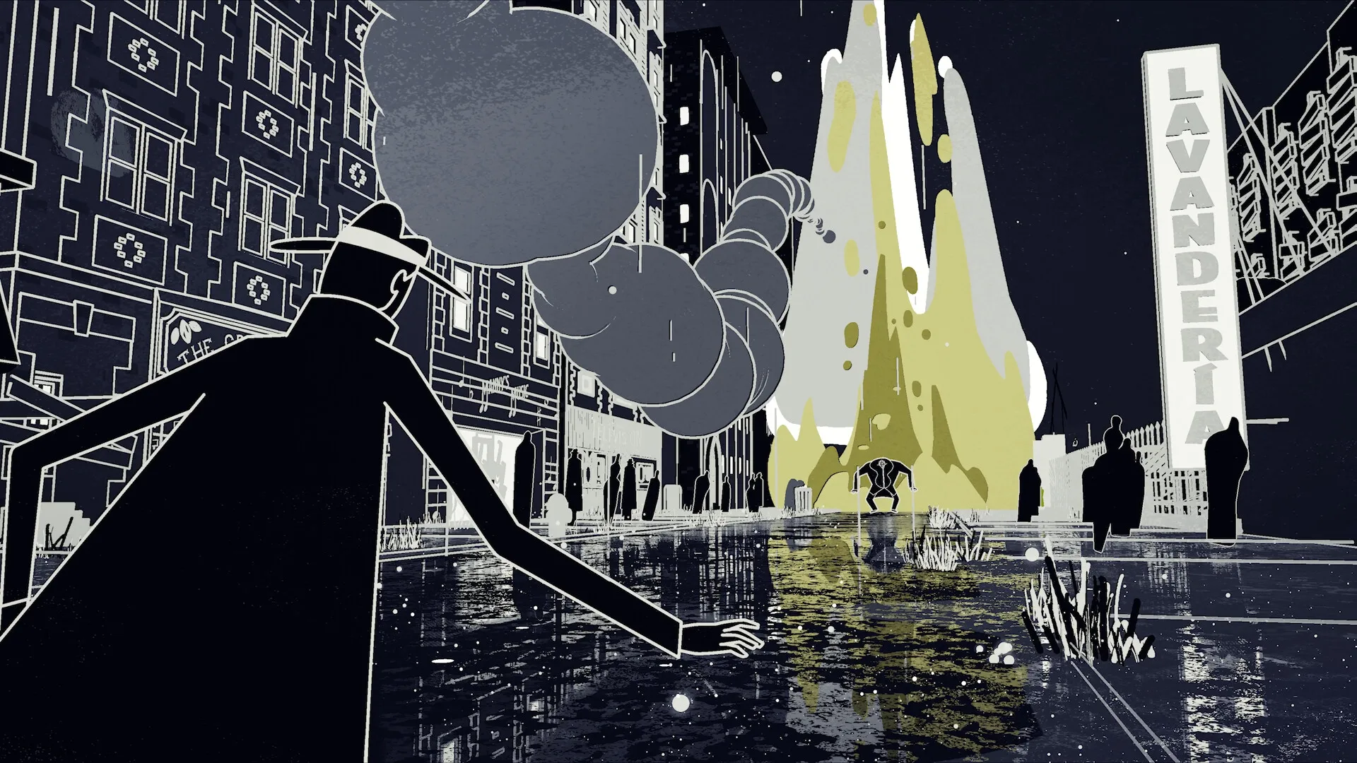 Nirvana Noir: Detective walks through a rainy city street with cosmic anomaly in the background