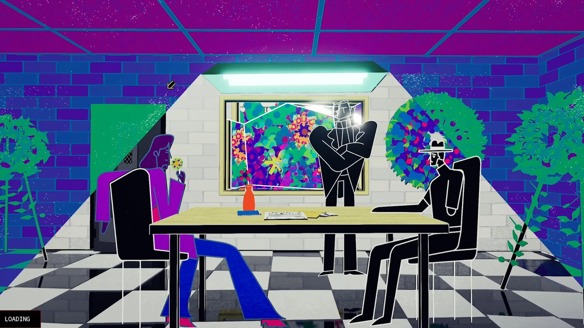 Nirvana Noir: Three characters in a colorful room, discussing around a table with vibrant artwork.