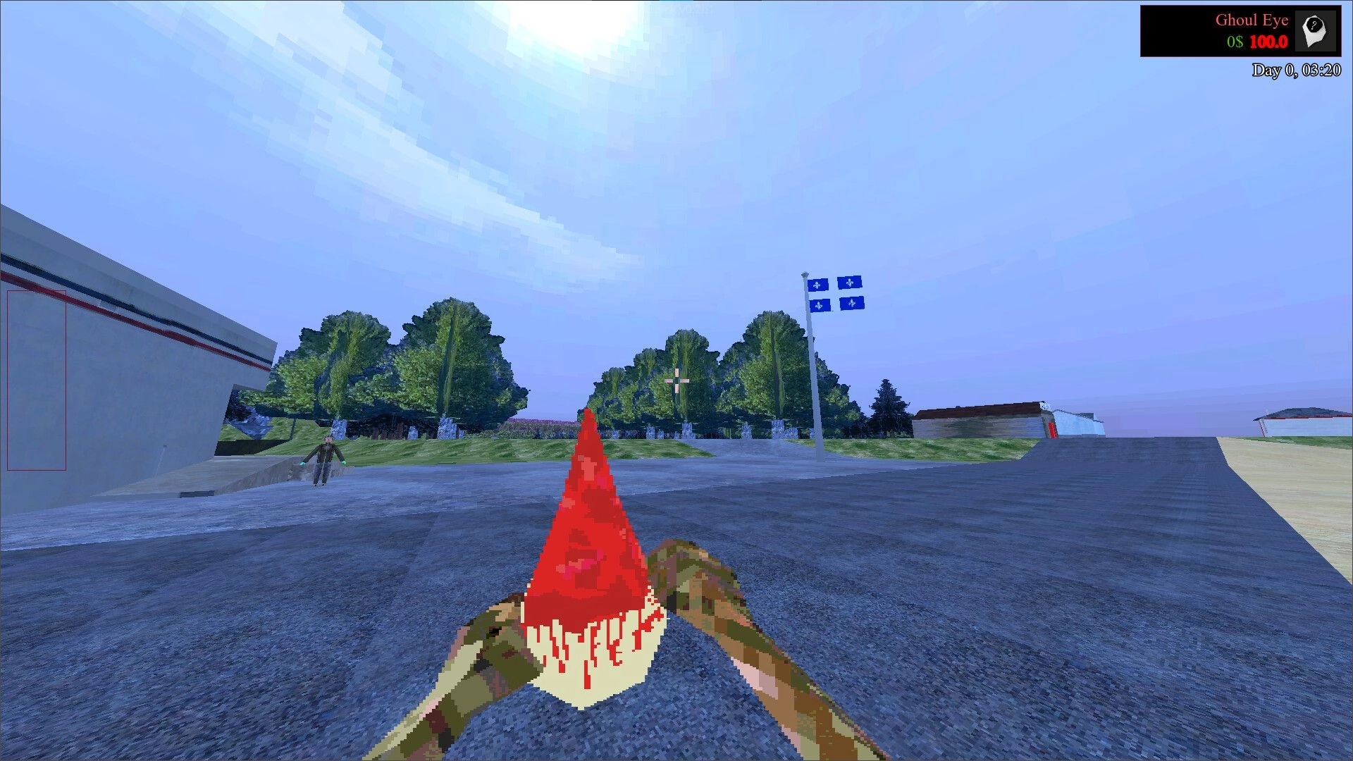 Nitpick: First-person view holding a bloody red cone weapon in a parking lot, Ghoul Eye HUD top right.