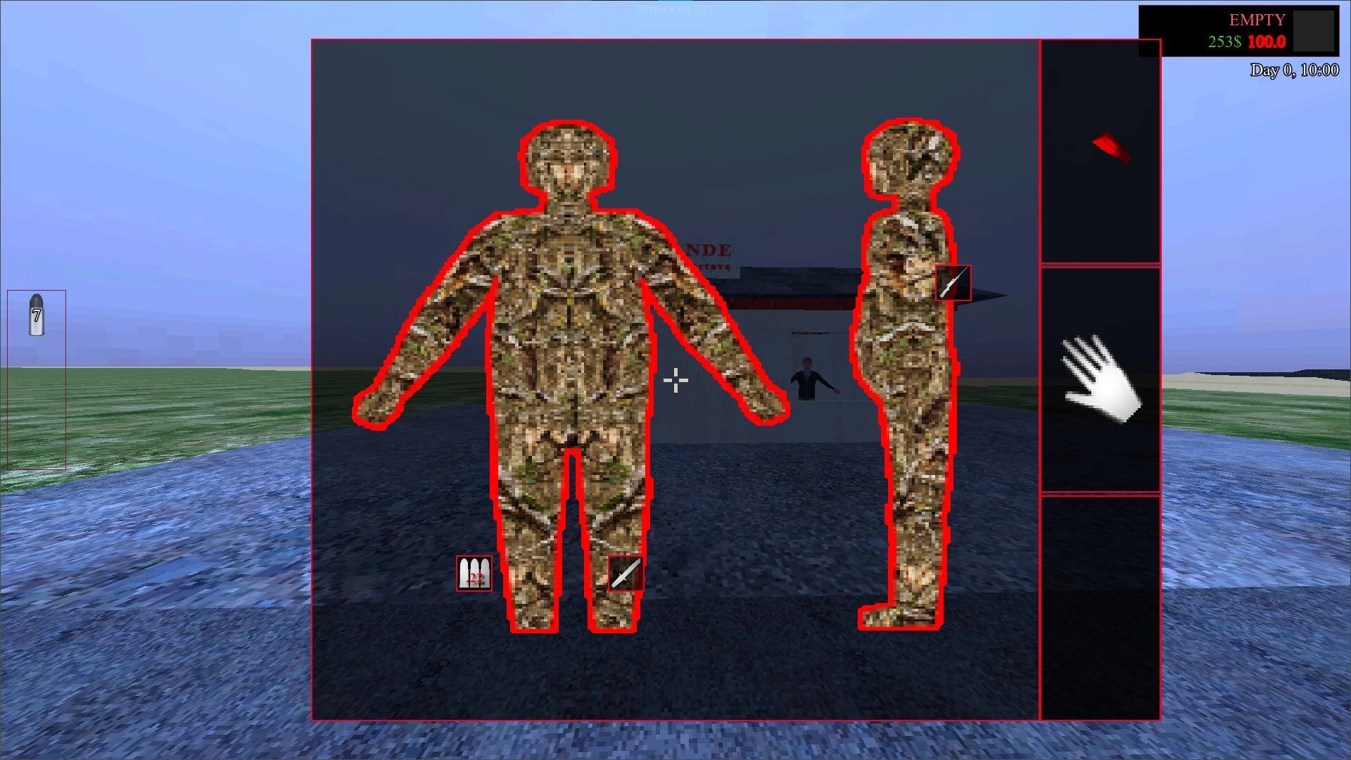 Nitpick: Inventory screen with camo suit mannequin and empty slots on paved outdoor lot.