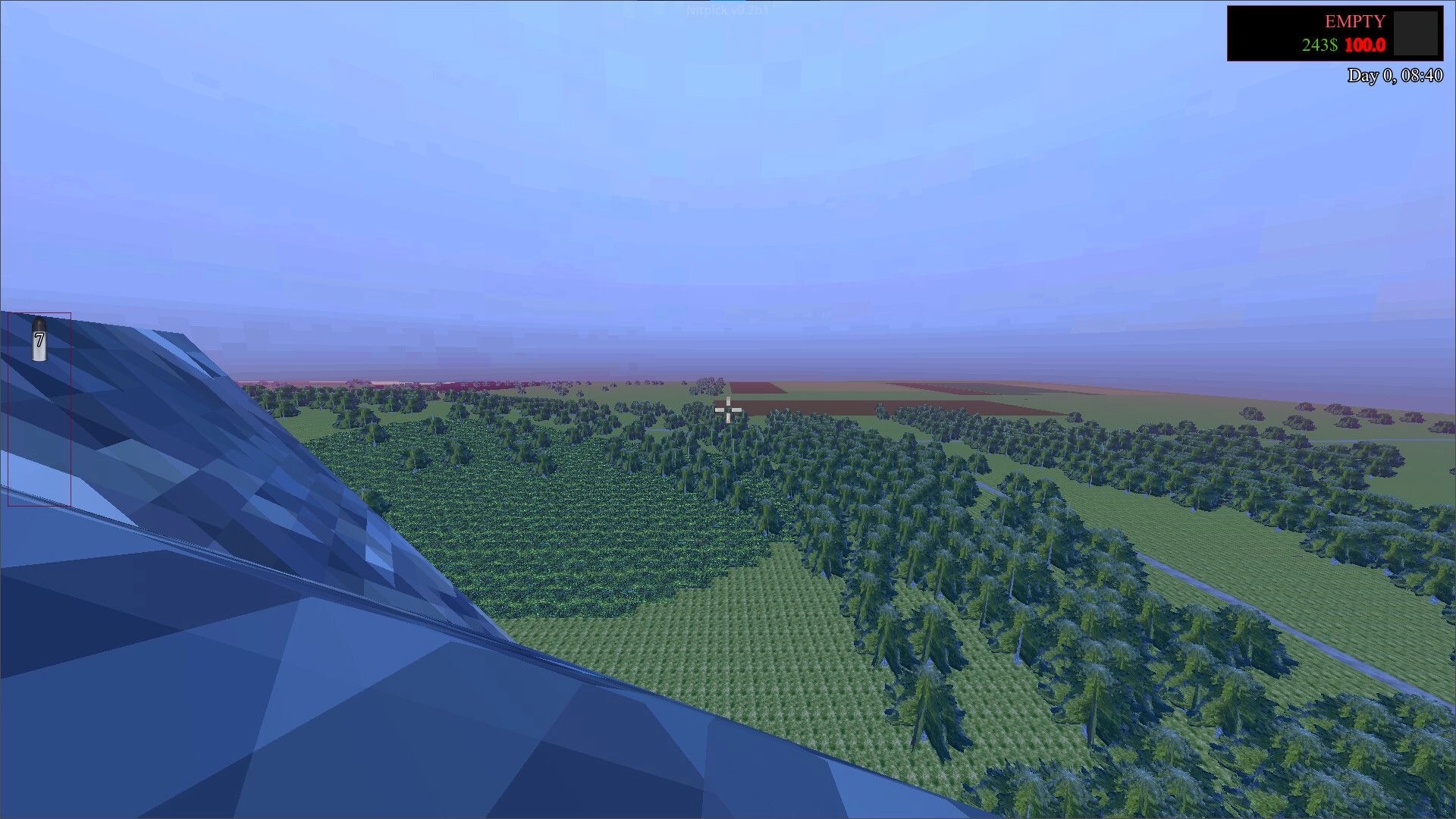 Nitpick: First-person view from a mountain over forests and fields, with cash and time HUD visible.