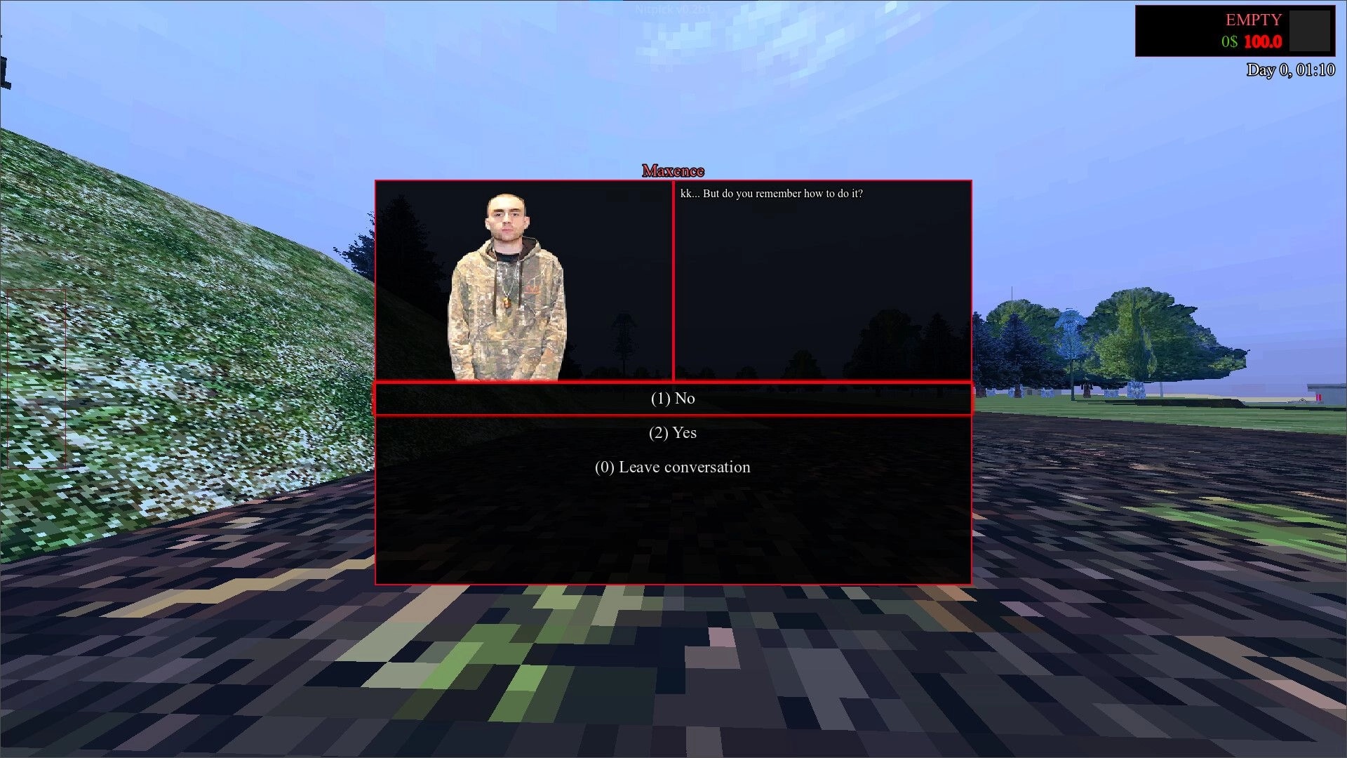 Nitpick: Dialogue with Maxence and Yes/No options over a road beside grassy hills and trees at dawn.