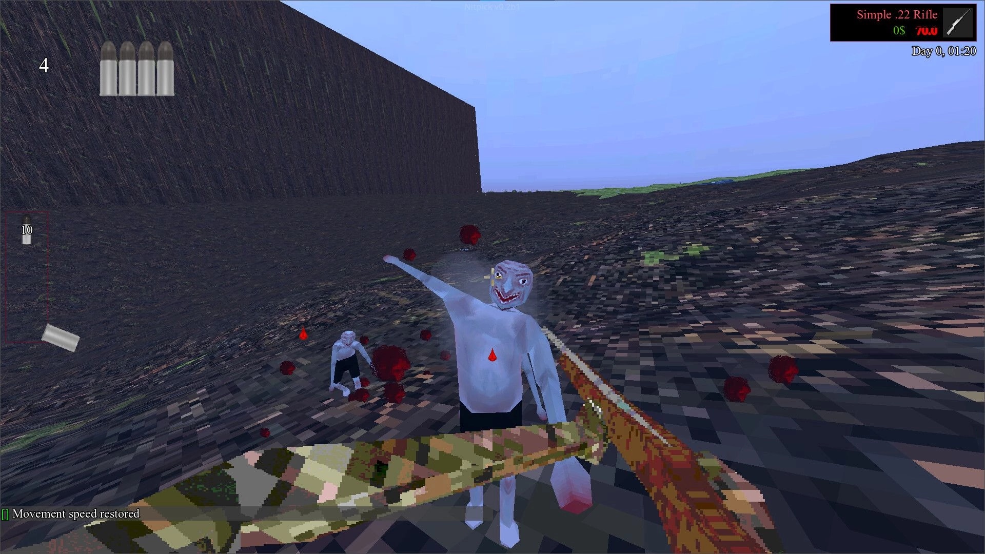 Nitpick: First-person rifle aimed at grinning humanoid enemy on dark hillside, ammo and day timer UI.