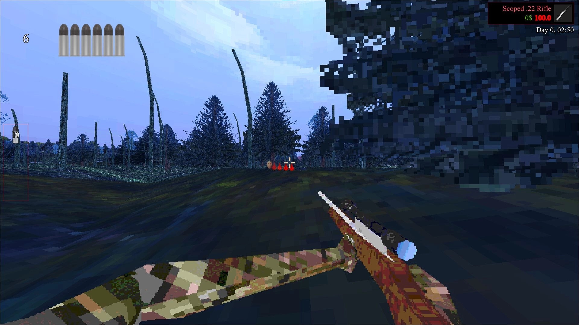 Nitpick: First-person view aiming a scoped .22 rifle across a dark forest swamp at dawn HUD visible.