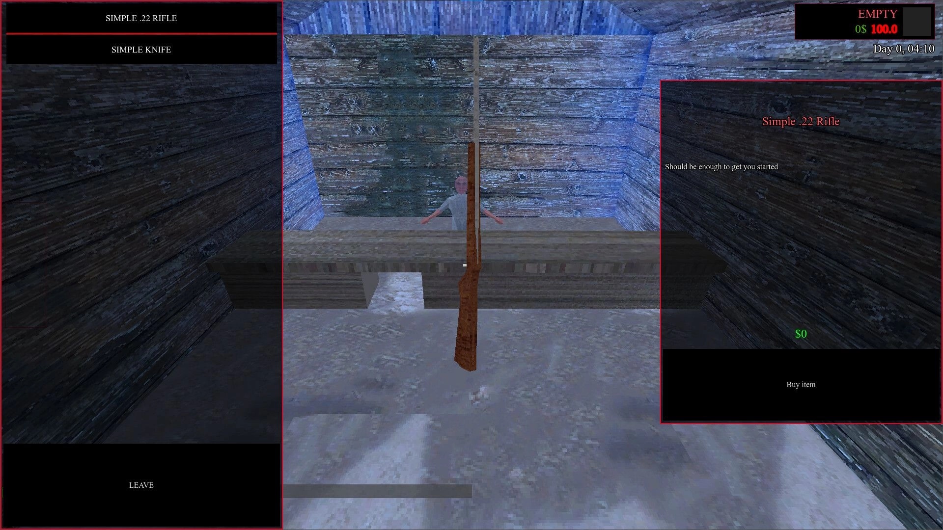 Nitpick: Weapon shop menu selecting Simple .22 Rifle and knife at a wooden counter in a cabin.