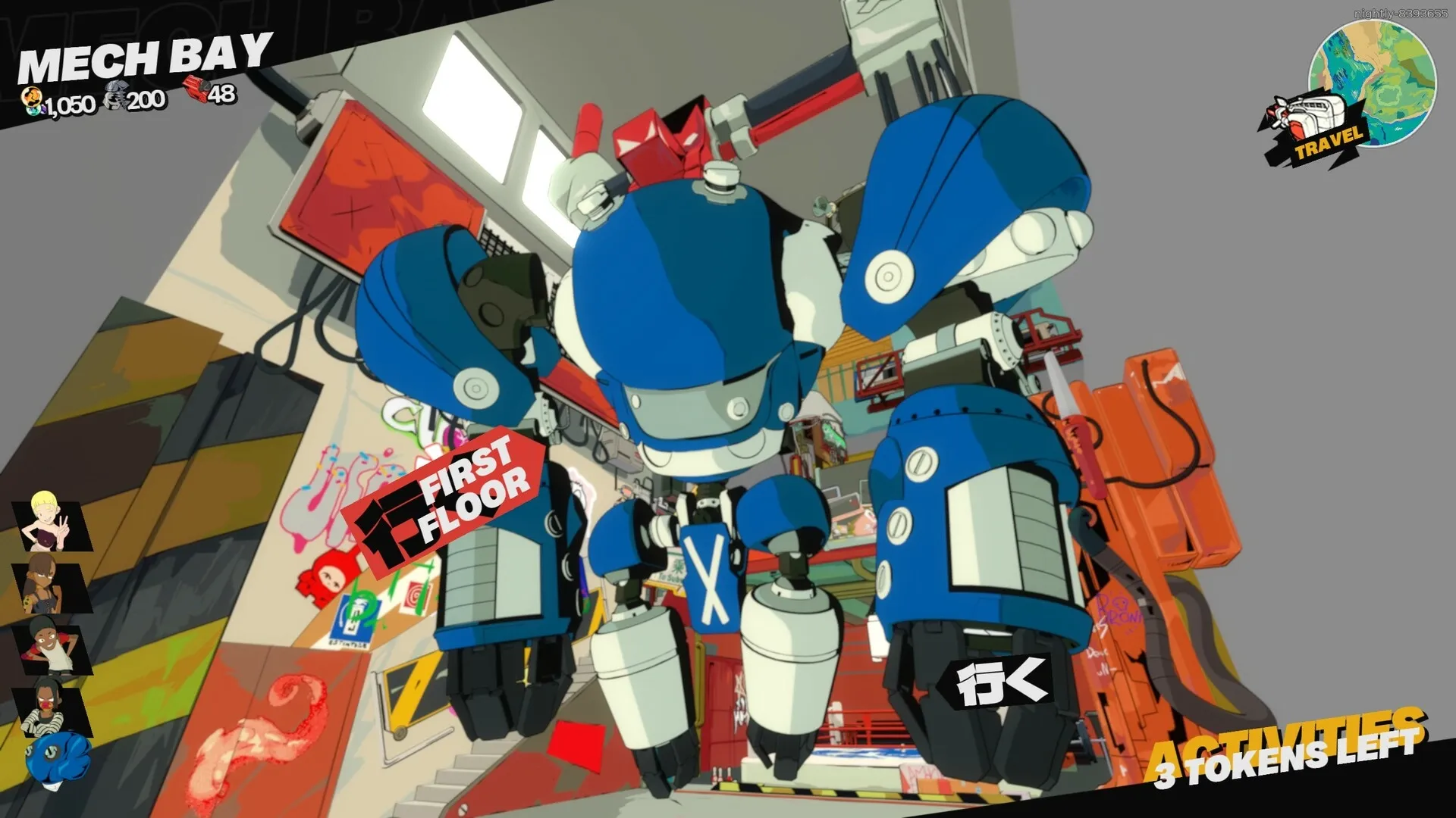 NITRO GEN OMEGA: Blue mech in Mech Bay, first floor, with activities and travel options displayed.
