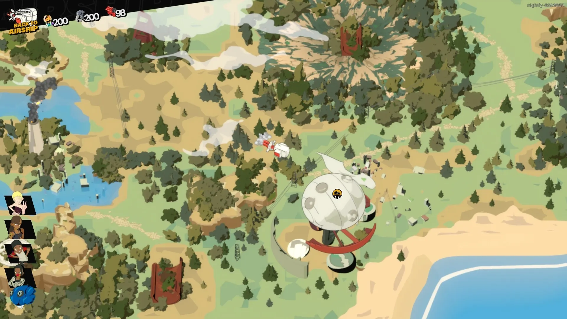 NITRO GEN OMEGA: Overhead map view with airship, character icons, and strategic movement options