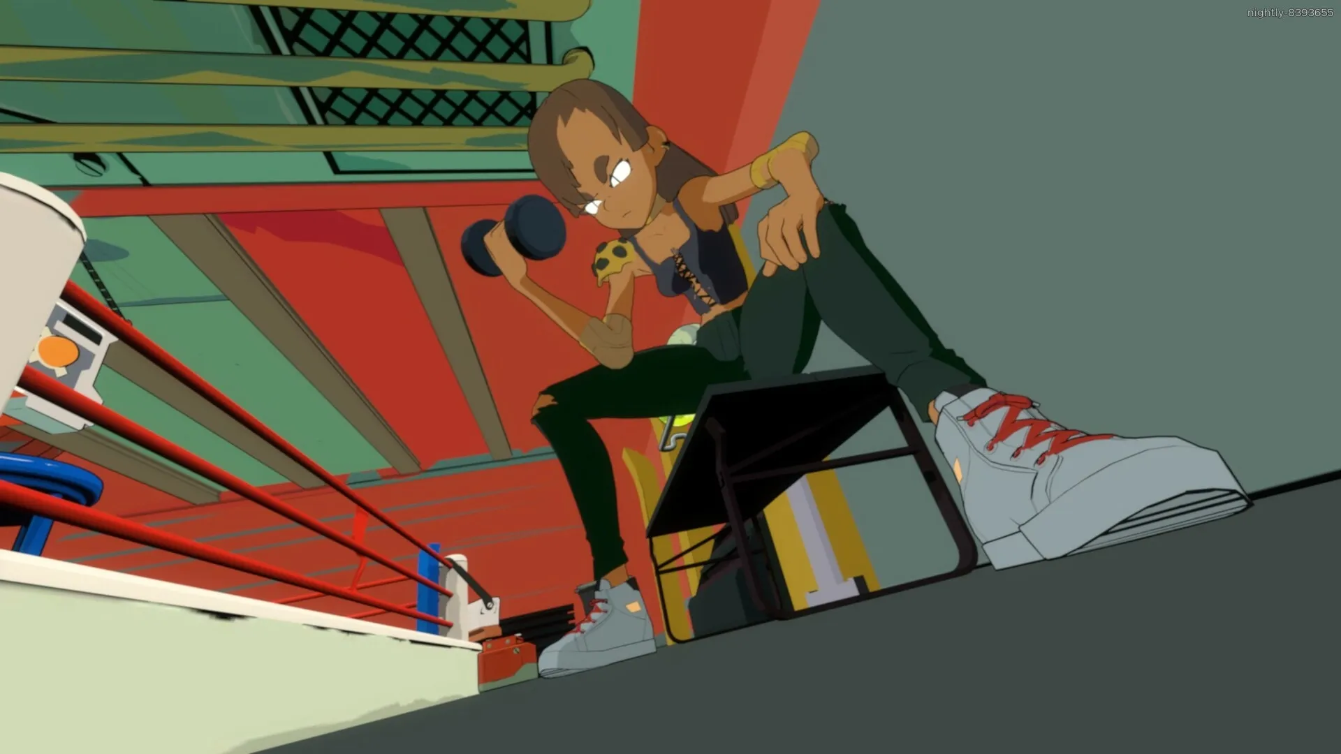 NITRO GEN OMEGA: Character lifting a dumbbell in a vibrant room with industrial elements and red accents.
