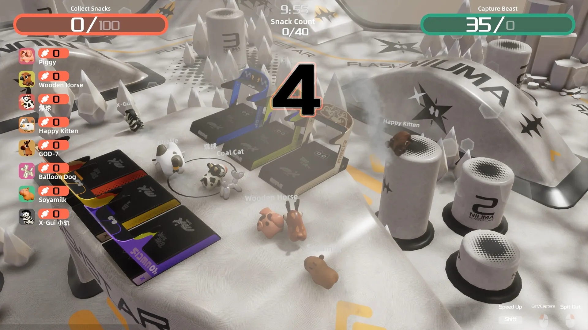 NiuMa: Characters like Coal Cat and Wooden Horse navigate snack-laden terrain in chaotic tabletop arena.
