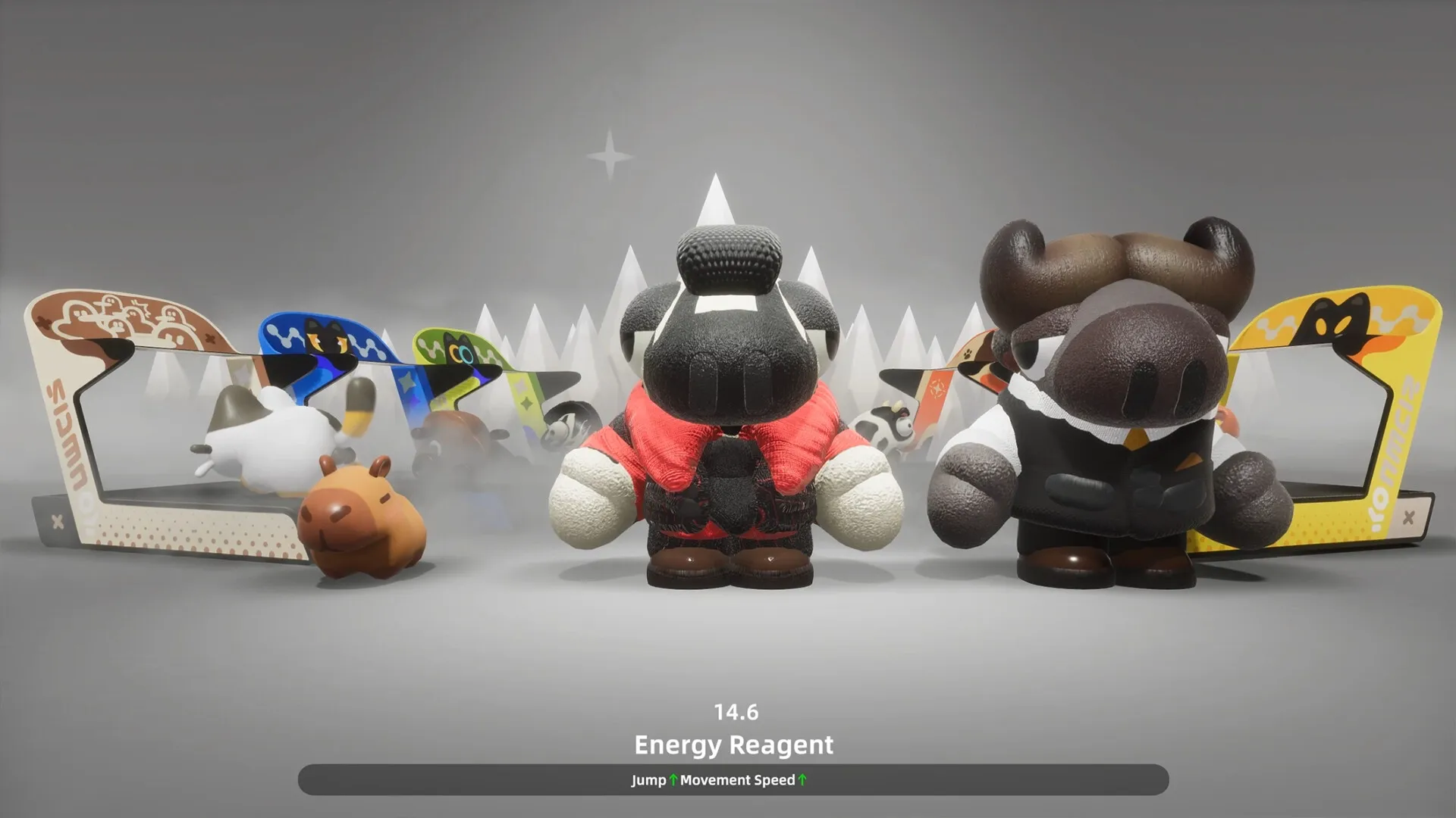 NiuMa: Character selection screen featuring diverse livestock with energy reagent and stat boosts displayed.