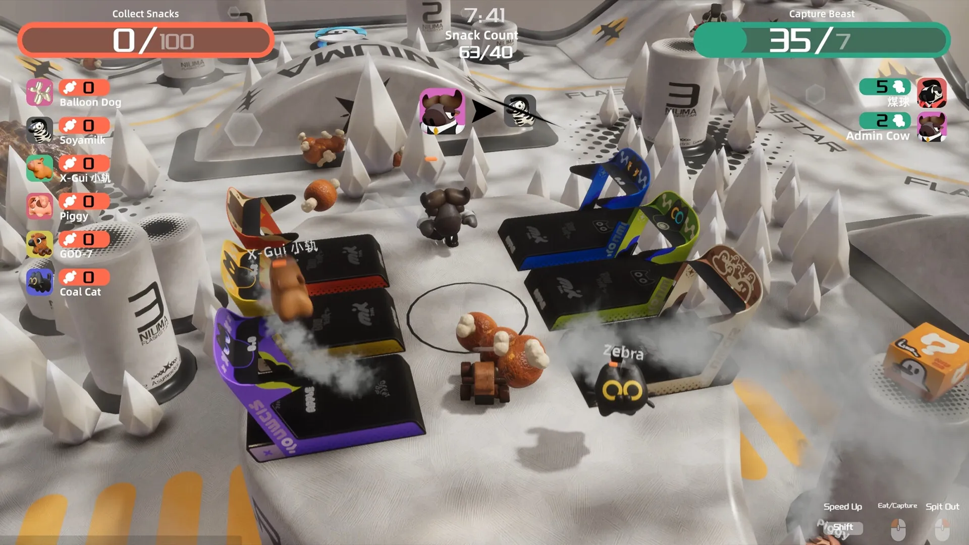 NiuMa: Characters collecting snacks in a snowy arena with leaderboard and timer UI elements visible.