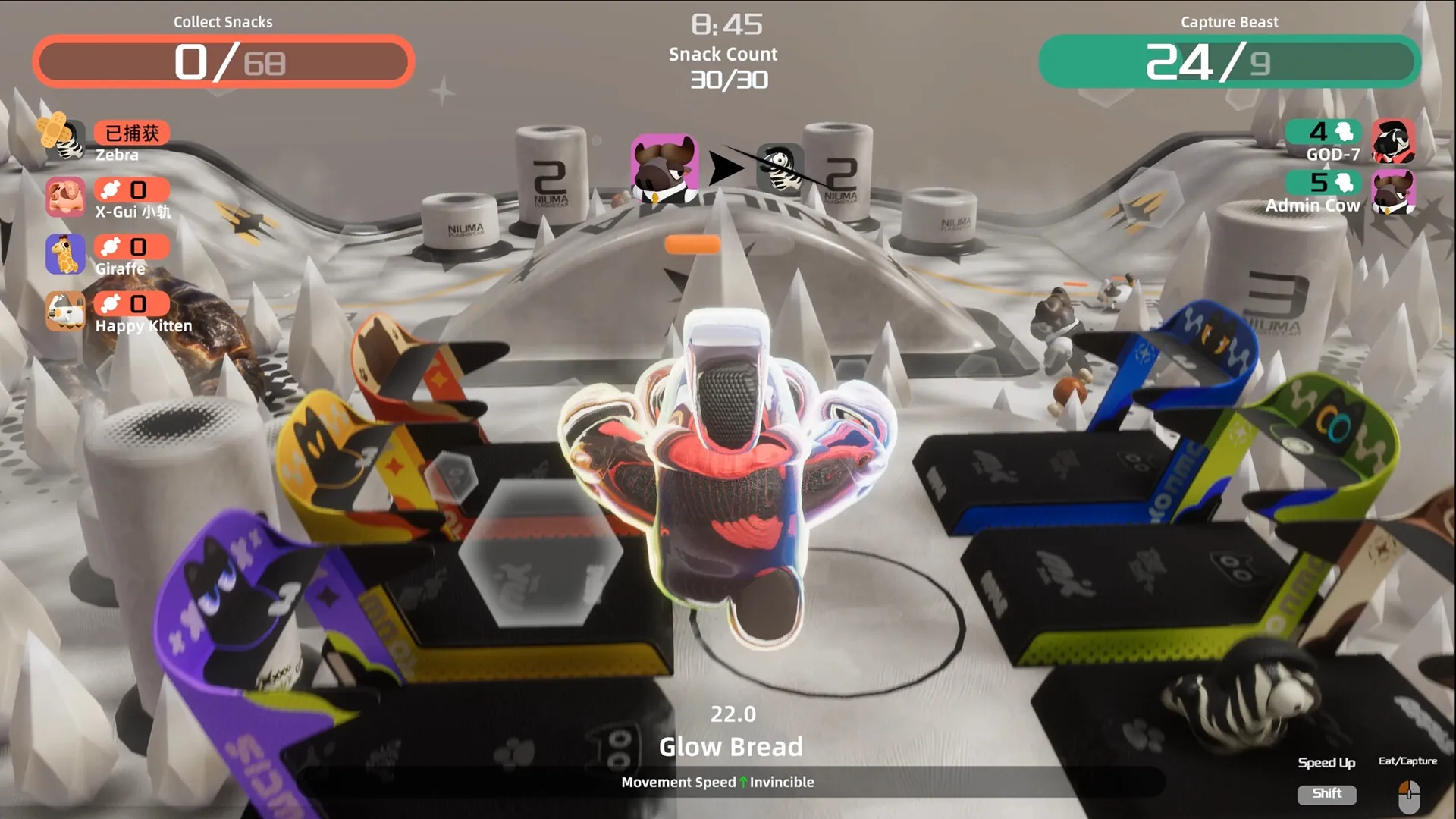 NiuMa: Glow Bread character jumps on treadmill in snowy arena, collecting snacks with score display.