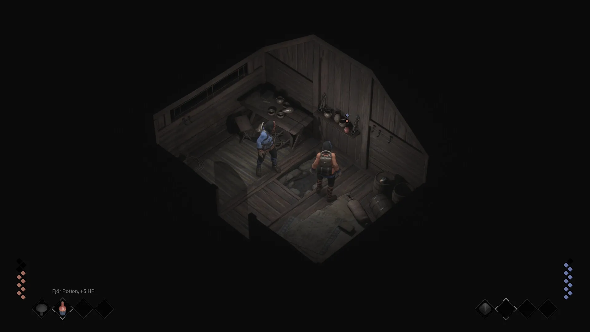 Njorun's Will: Two Kæra Scouts explore a dimly lit wooden cabin interior with scattered supplies.