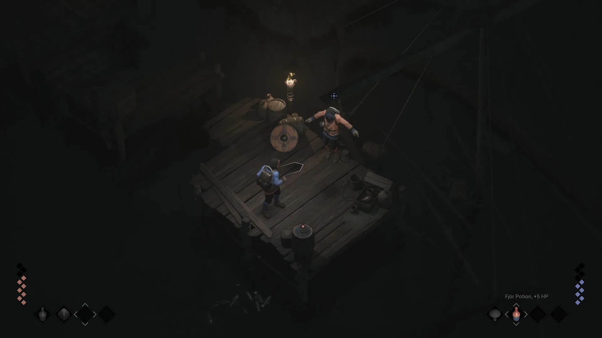 Njorun's Will: Two Kæra Scouts on a dimly lit wooden dock with shield and barrels in Vestmar kingdom