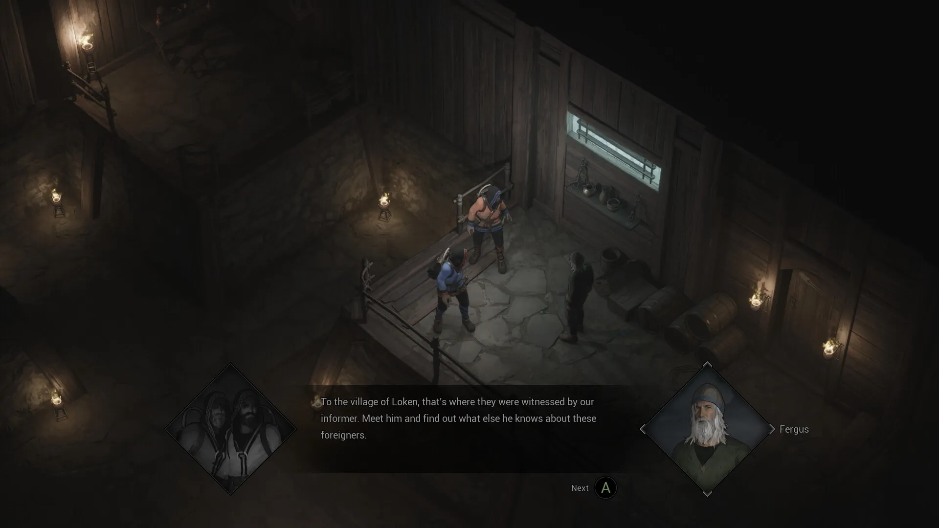 Njorun's Will: Two Kæra Scouts converse with Fergus in a dimly lit stone and wooden room interior.