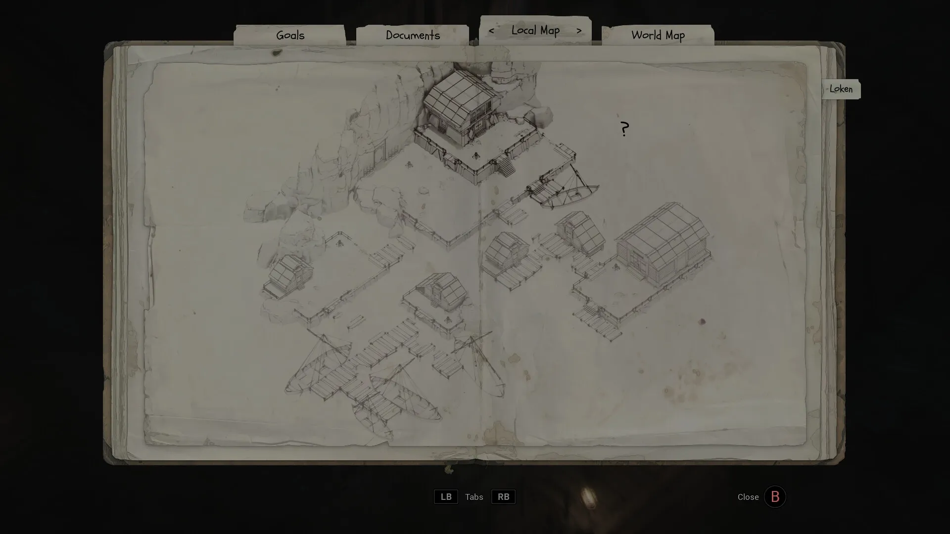 Njorun's Will: Open map book showing village layout with labeled tabs for goals and documents