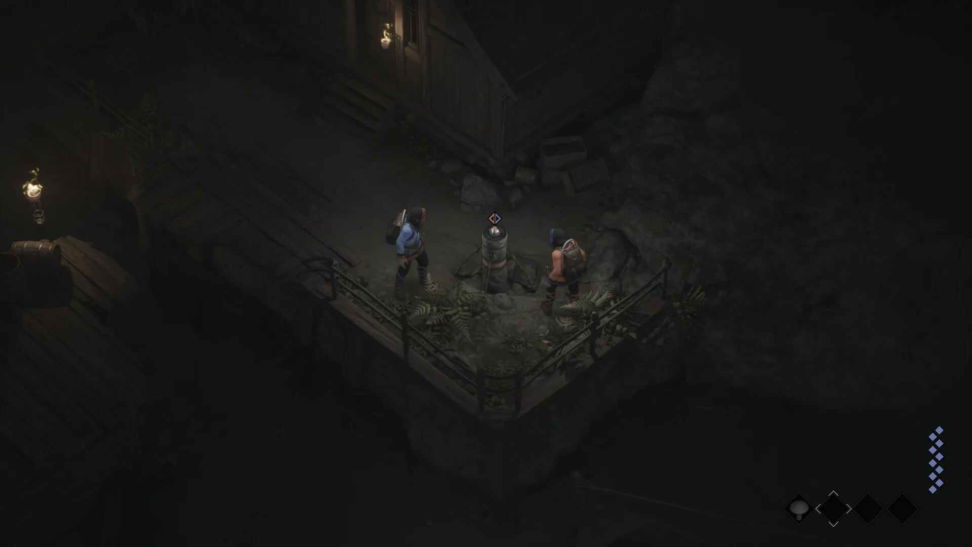 Njorun's Will: Two Kæra Scouts investigate a mysterious object by a dimly lit wooden cabin at night.