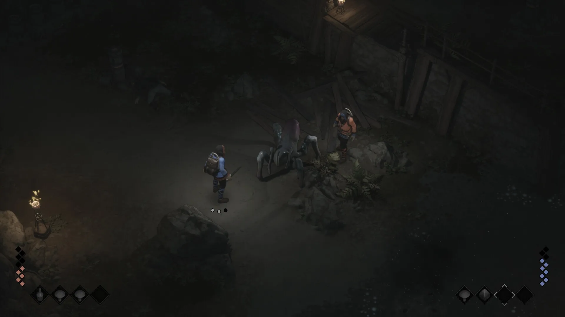 Njorun's Will: Two Kæra Scouts confront a creature in a dimly lit forest clearing with rocky terrain.