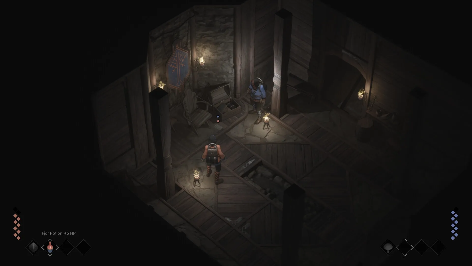 Njorun's Will: Two Kæra Scouts explore a dimly lit wooden room with a chest and hanging banner.