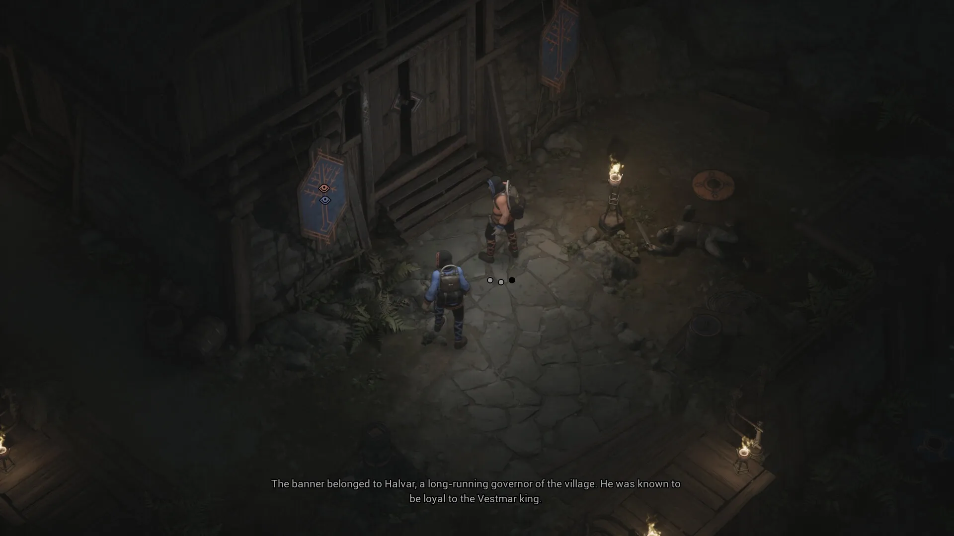 Njorun's Will: Two scouts investigating a dimly lit village entrance with banners and a fallen soldier.