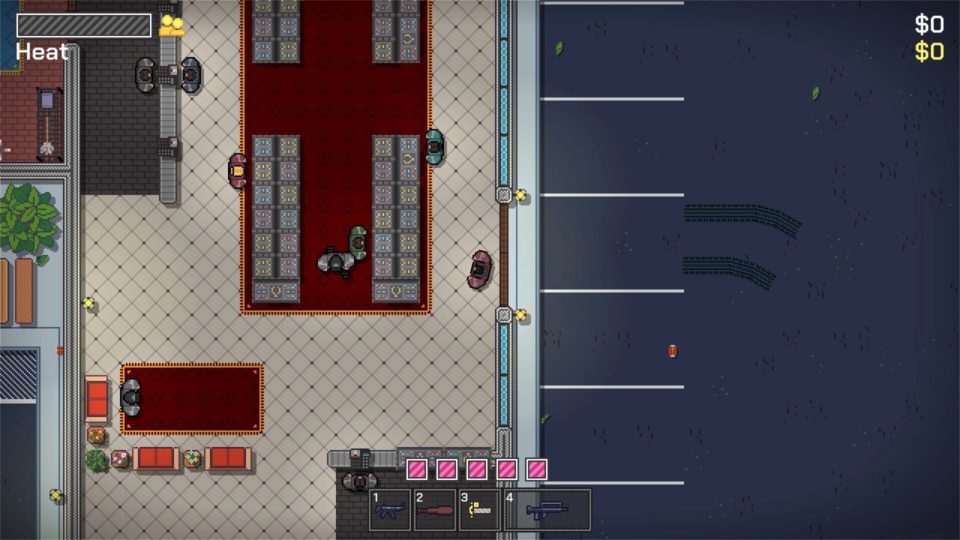 No Alibi: Overhead view of a casino interior with characters, slot machines, and a heat meter visible