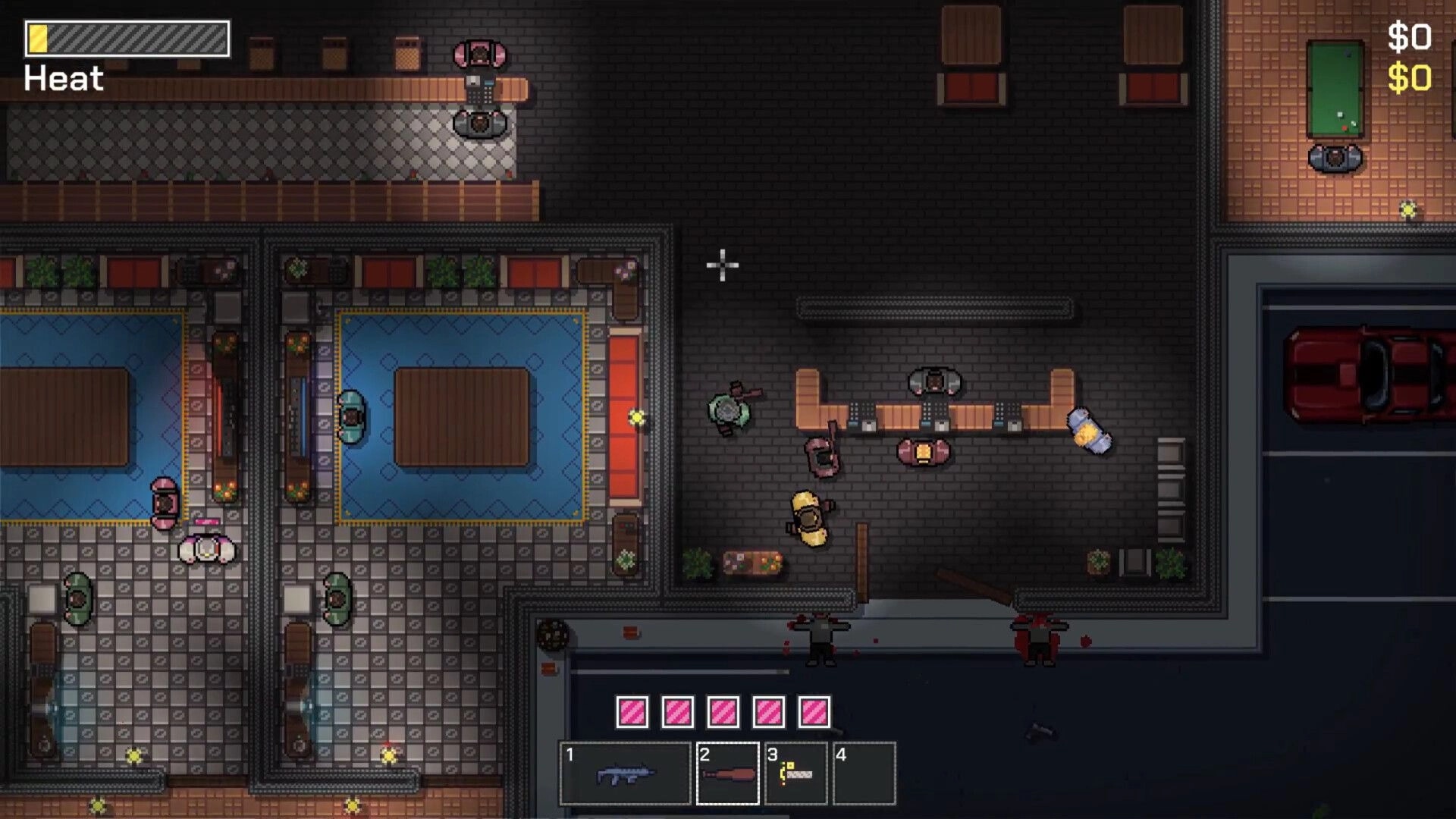 No Alibi: Top-down view of bank heist in progress, characters and heat gauge visible in interior setting.