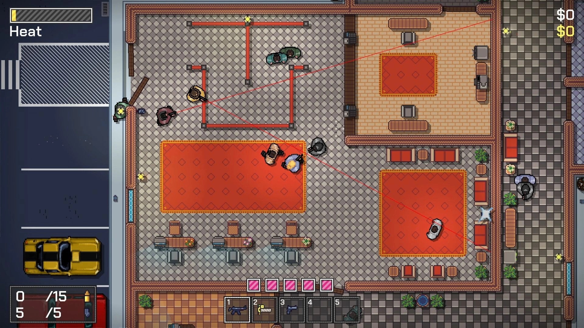 No Alibi: Overhead view of bank heist, players evade guards with laser sights in tiled lobby.