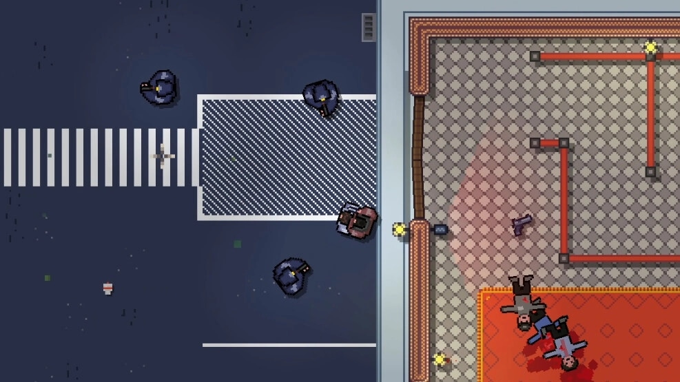 No Alibi: Top-down view of a heist in progress, with guards patrolling outside and hostages inside