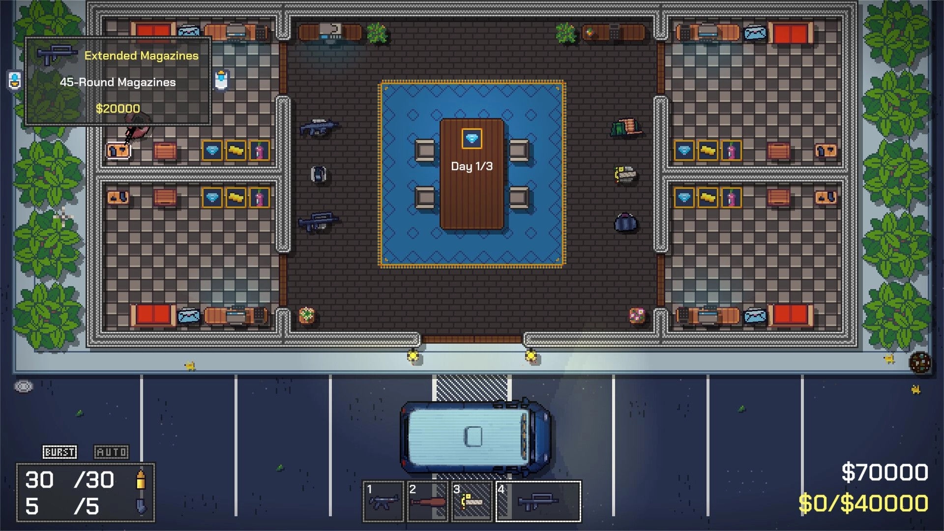 No Alibi: Overhead view of office with a central table, inventory icons, and parked getaway van outside