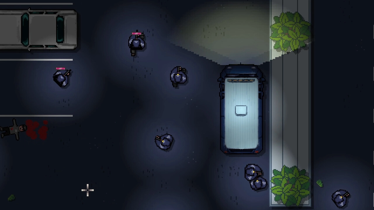 No Alibi: Top-down view of armed characters near a van in a dimly lit parking lot with a fallen victim.